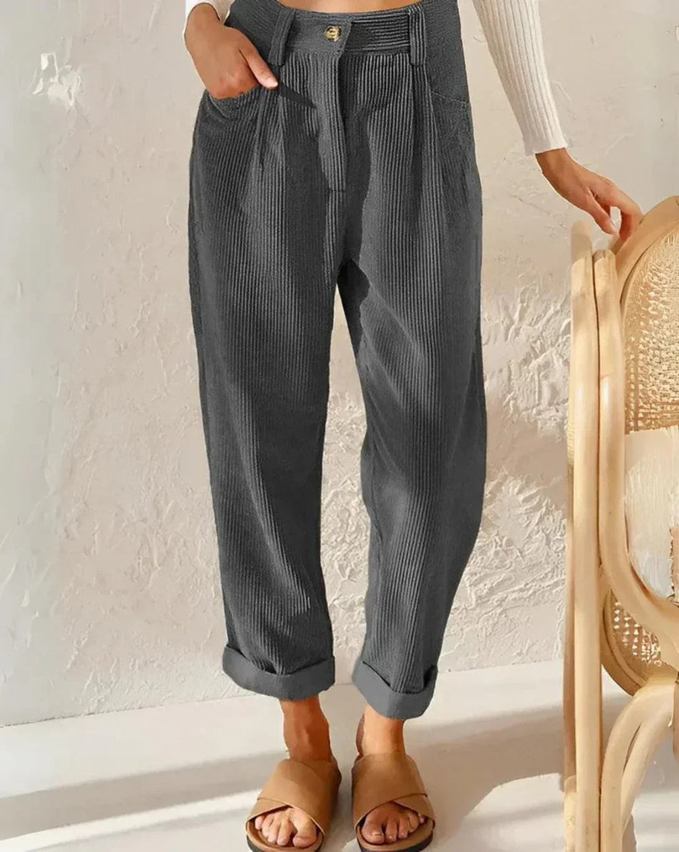 Corduroy Trousers for Women, High Waist | Ankle-Length | Gray