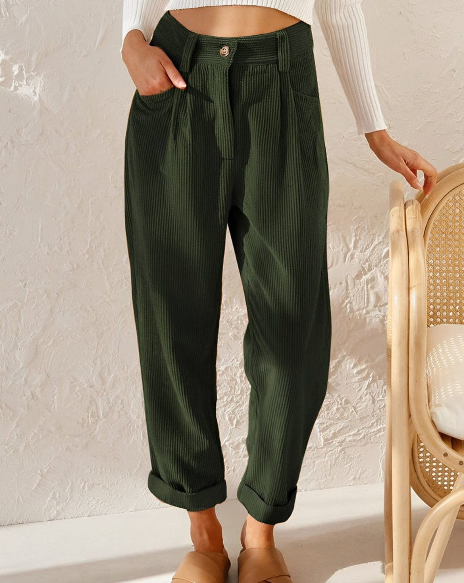 Corduroy Trousers for Women, High Waist | Ankle-Length | Green
