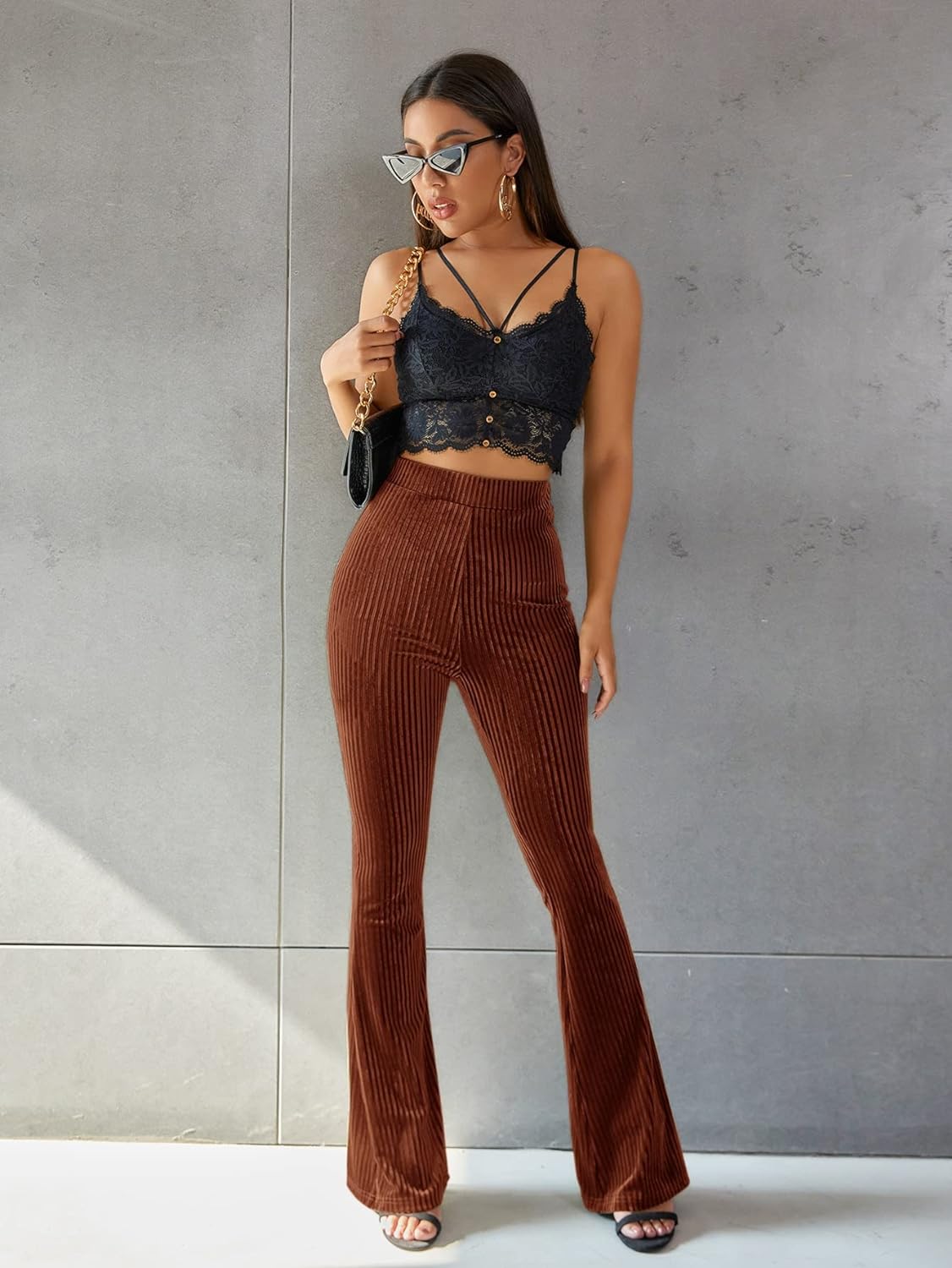 Corduroy Trousers for Women | High Waist, Flared legs | Brown