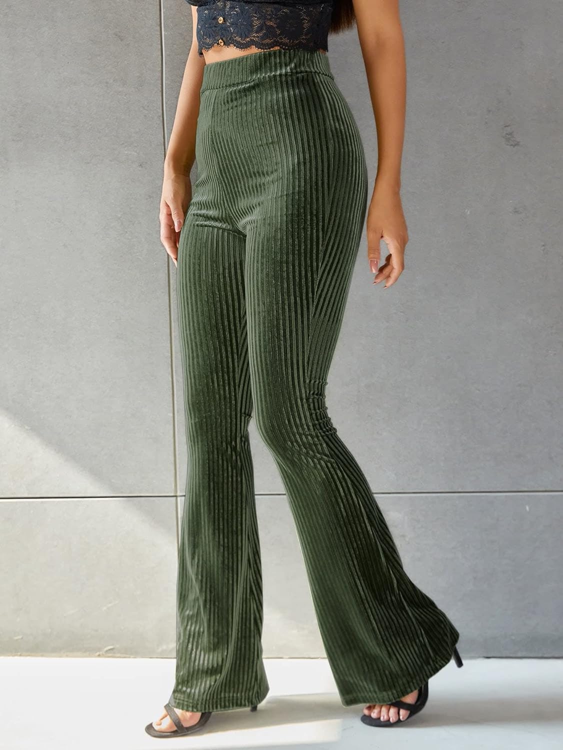 Corduroy Trousers for Women | High Waist, Flared legs | Green