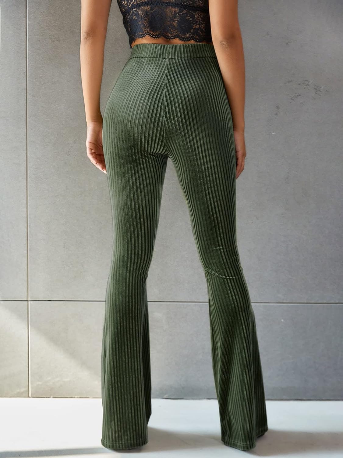 Corduroy Trousers for Women | High Waist, Flared legs | Green1