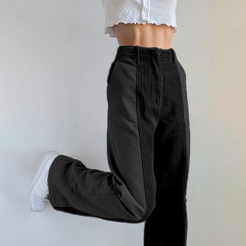 Corduroy Trousers for Women, High Waist | Relaxed Fit | Black