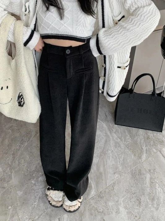 Corduroy Trousers for Women, High Waist, Wide Leg | Winter | Black