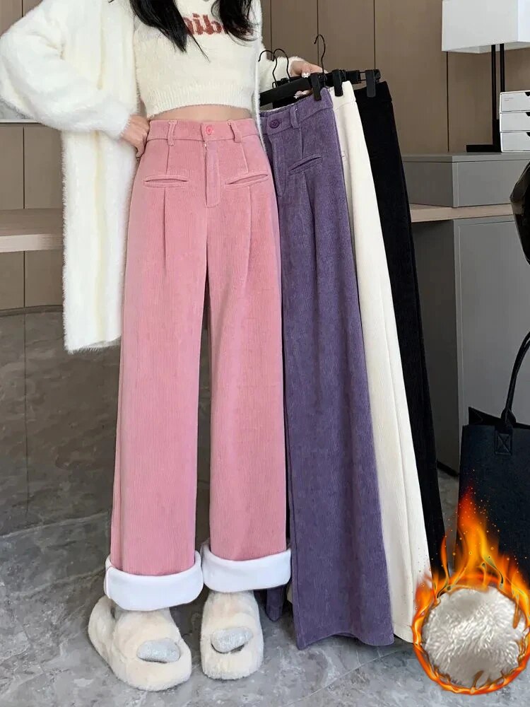 Corduroy Trousers for Women, High Waist, Wide Leg | Winter | Pink