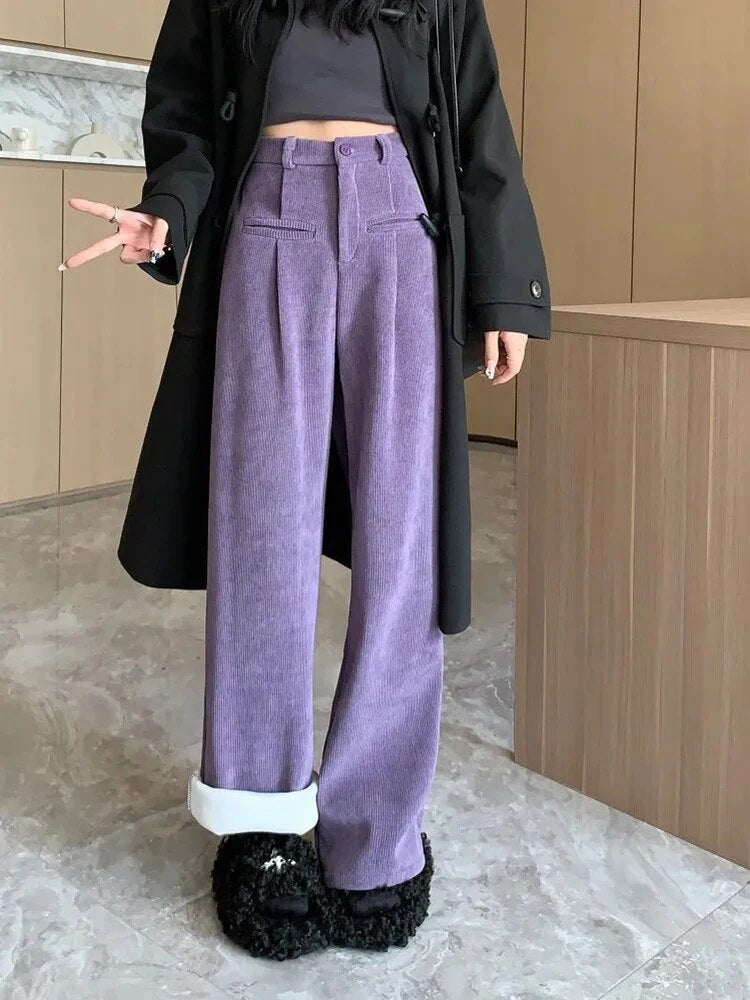 Corduroy Trousers for Women, High Waist, Wide Leg | Winter | Purple