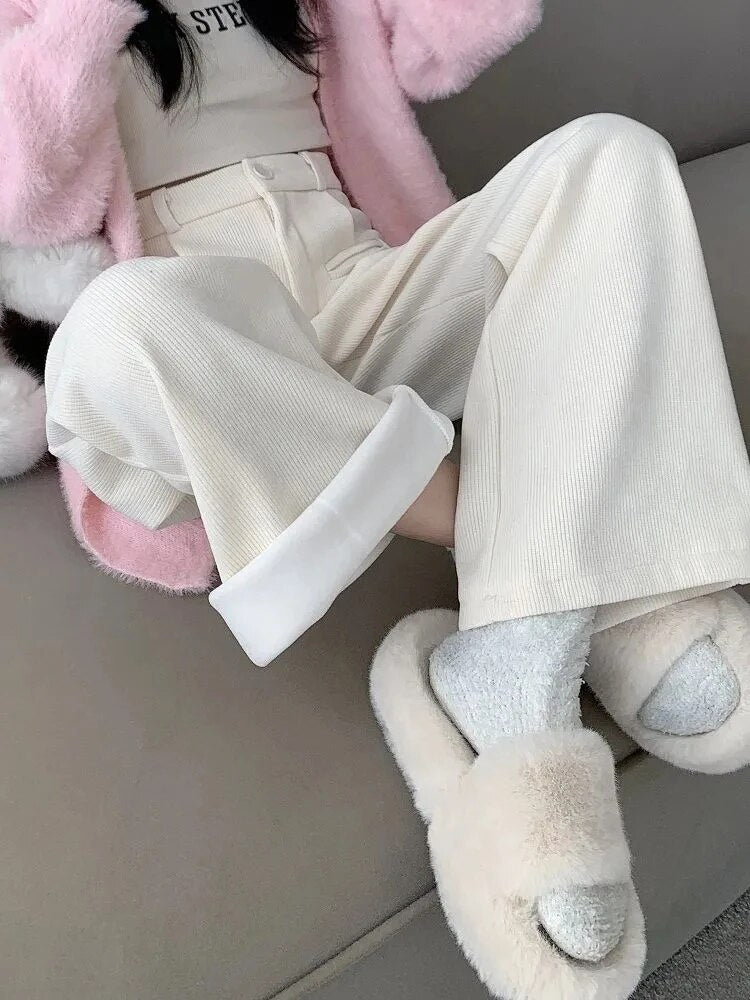 Corduroy Trousers for Women, High Waist, Wide Leg | Winter | White
