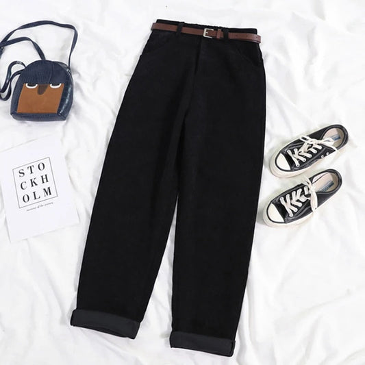 Corduroy Trousers for Women | High Waist, Wide leg design | Black