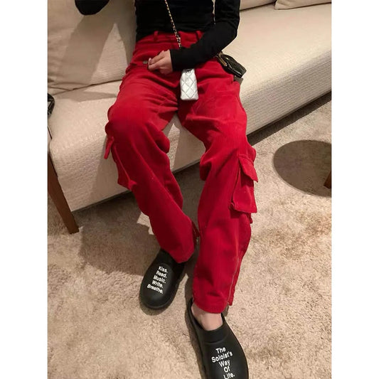 Corduroy Trousers for Women | Retro Style | Full Length | Red