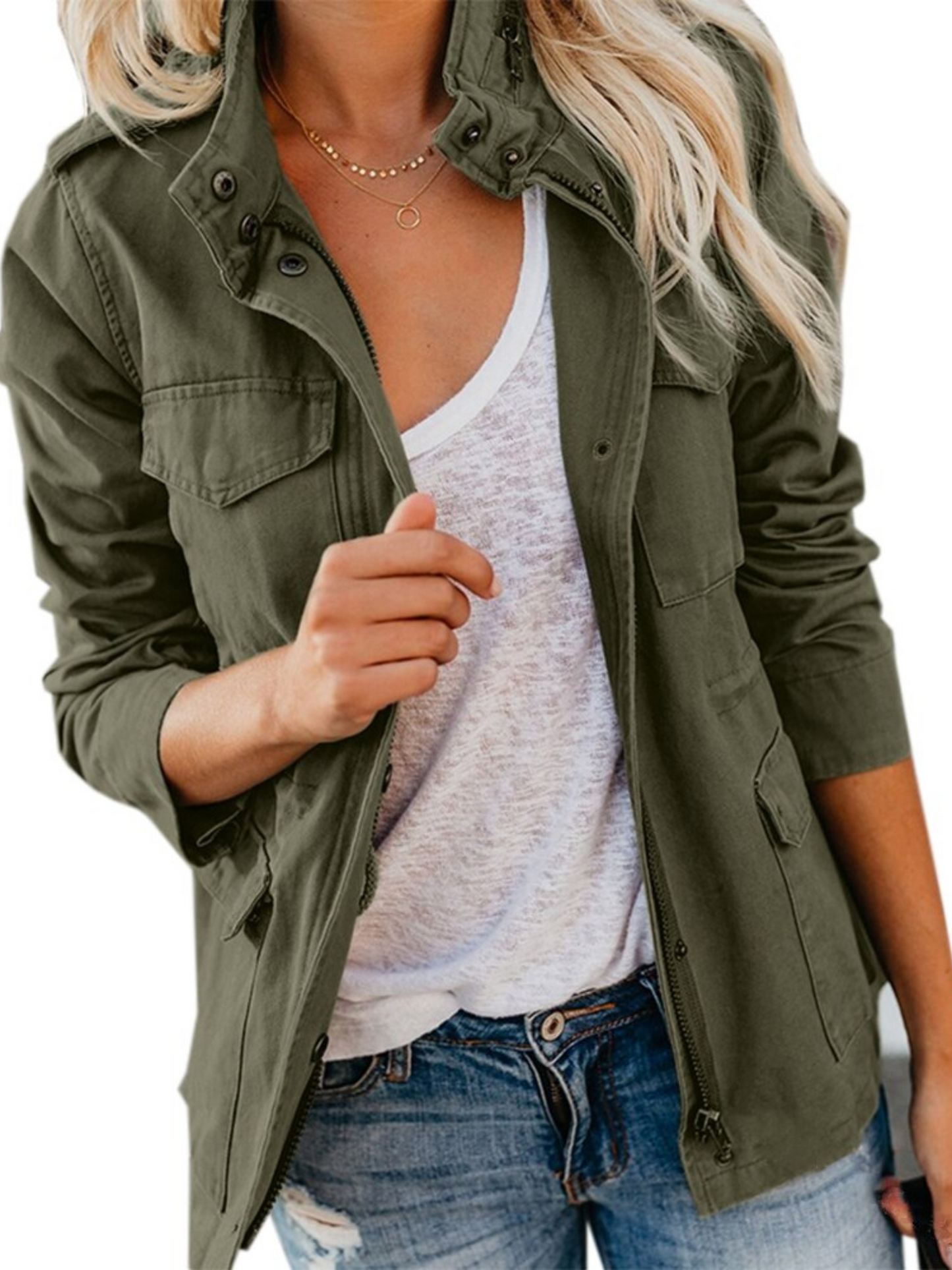 Cotton Blend Jacket for Women | Regular Fit | Army Green