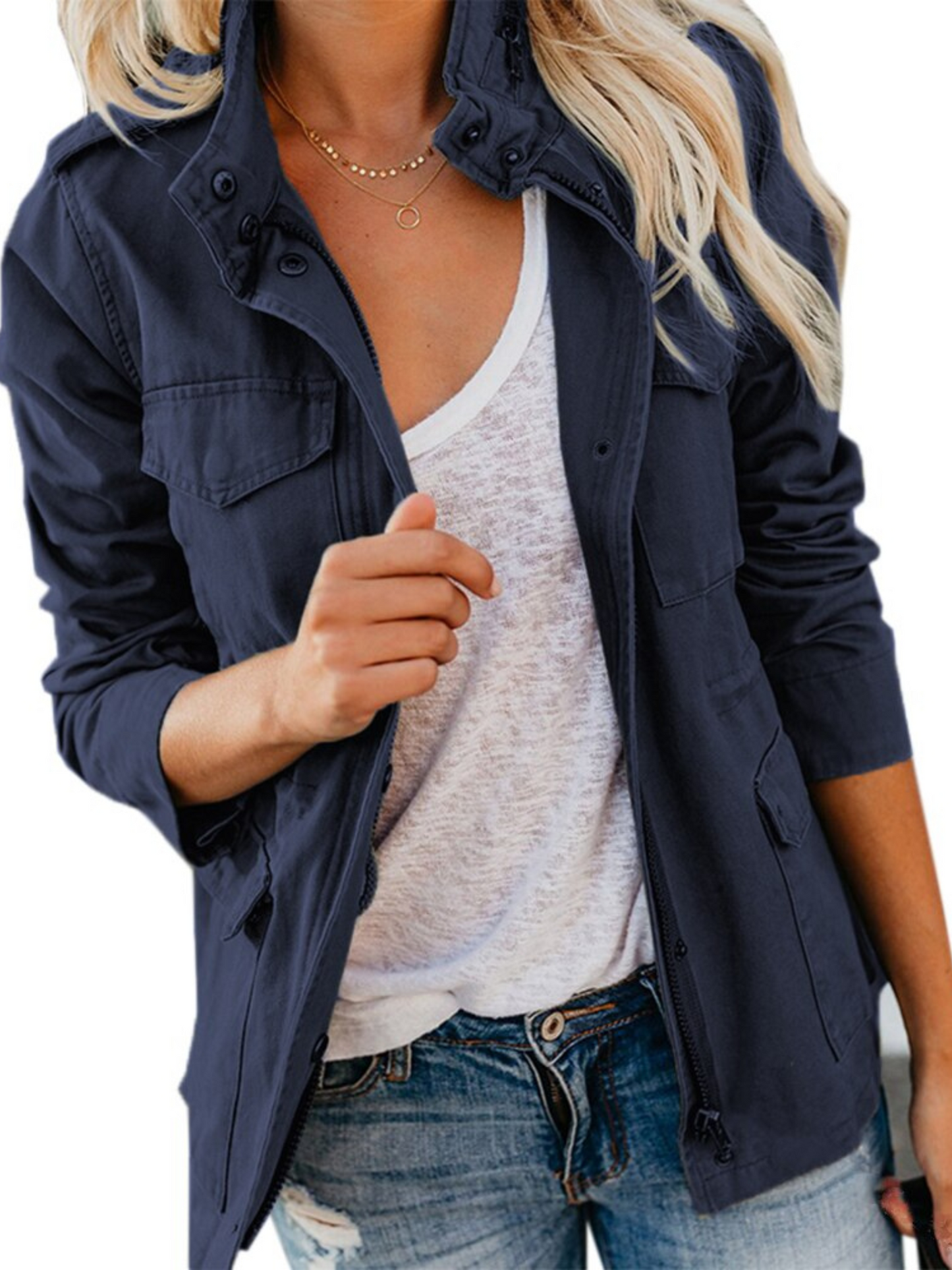 Cotton Blend Jacket for Women | Regular Fit | Navy Bue