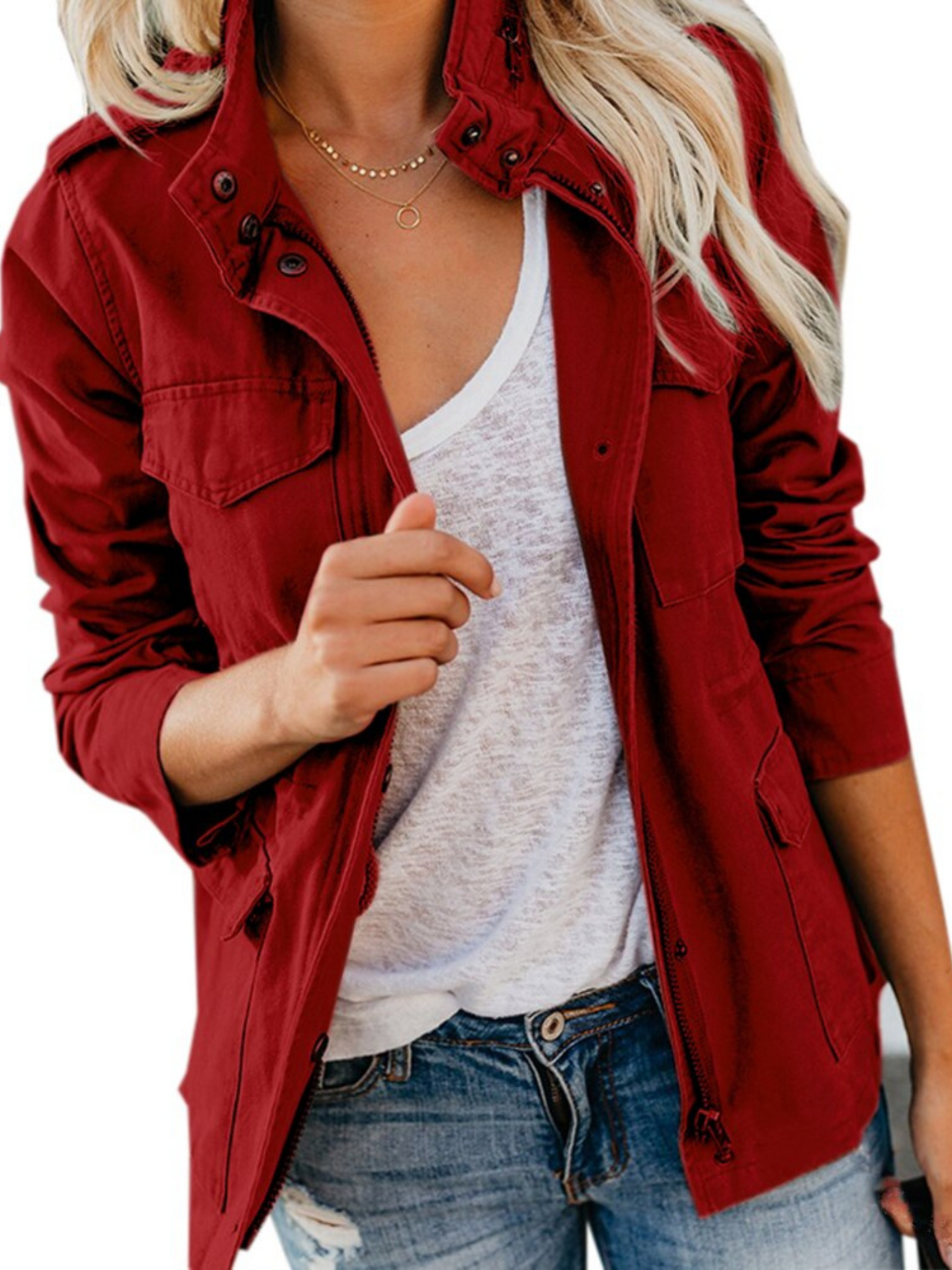 Cotton Blend Jacket for Women | Regular Fit | Red