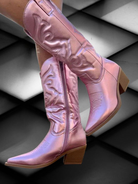Cowgirl Boots in Synthetic Leather with Mid-Calf Height and Cushioned Insole | Pink