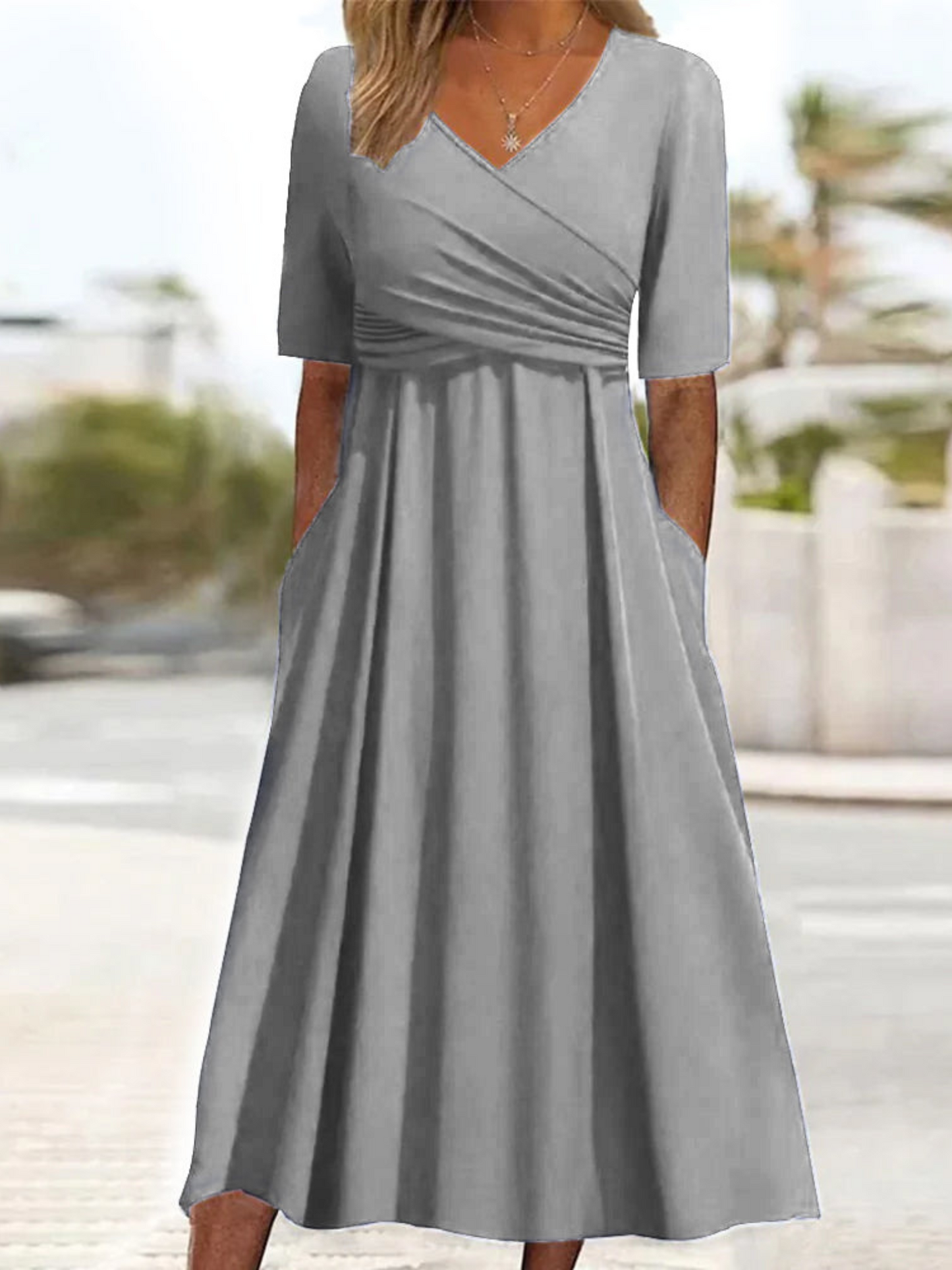Crossover Midi Dress for Women | Elegant Fit | Gray