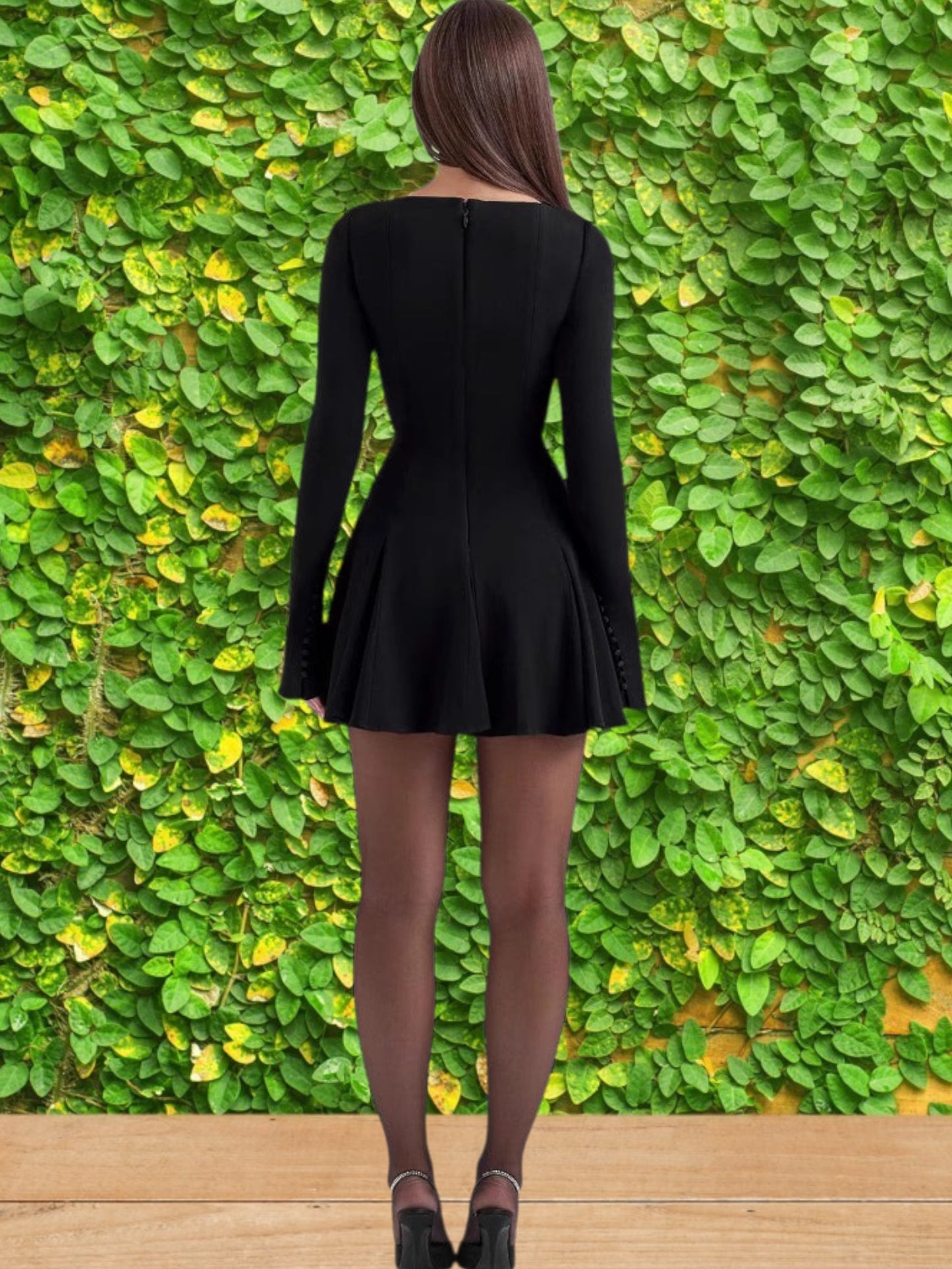 Danna | Elegant Figure-Hugging Cocktail Dress with Long Sleeves and Flowing Skirt | Black 2