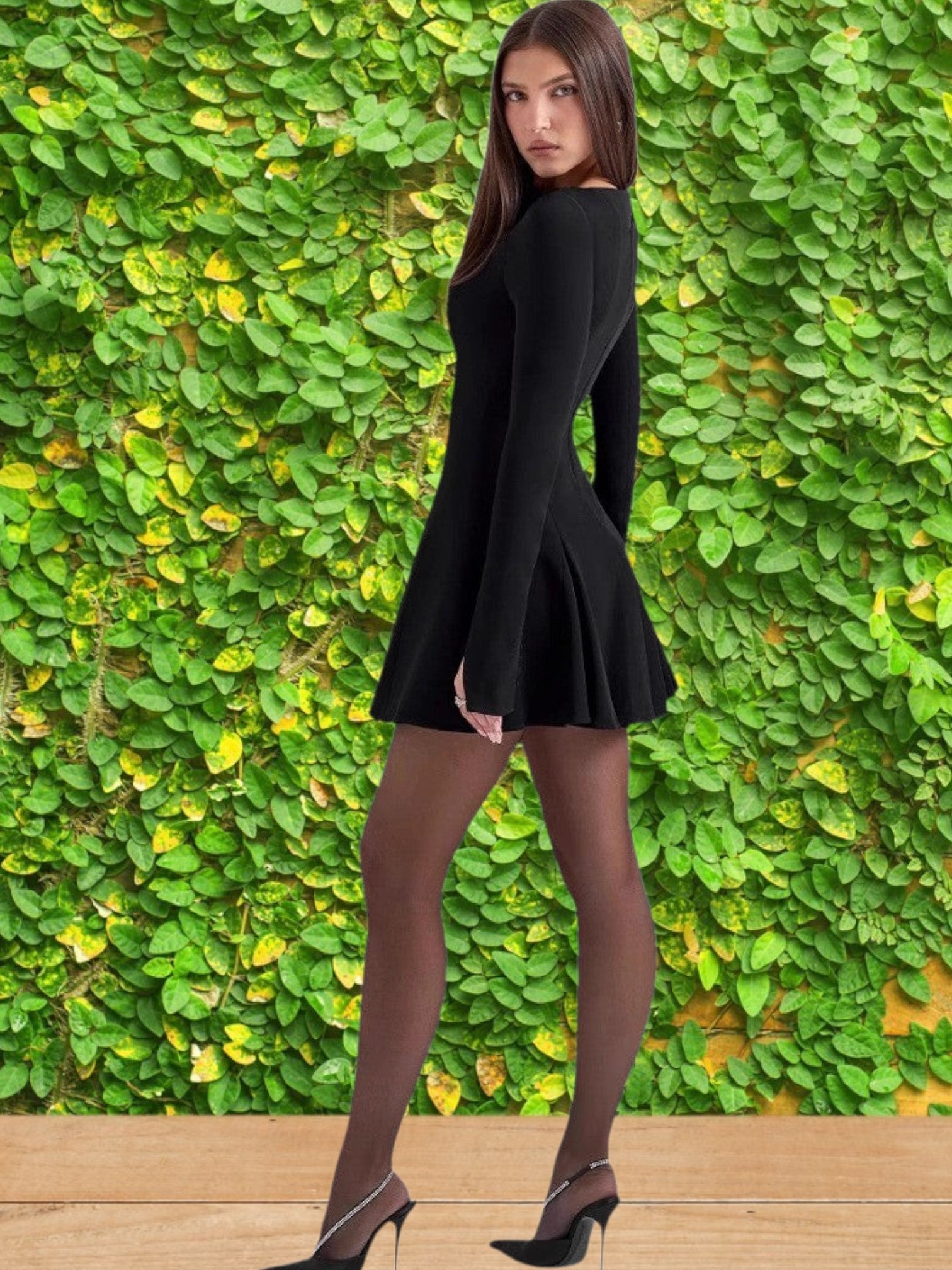 Danna | Elegant Figure-Hugging Cocktail Dress with Long Sleeves and Flowing Skirt | Black 4