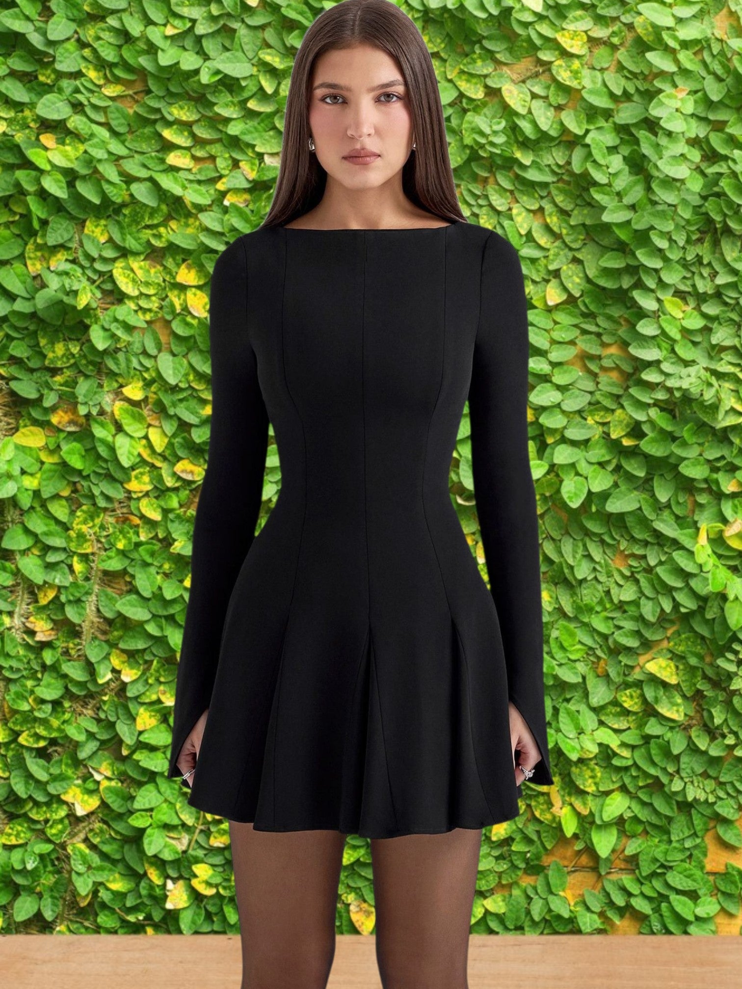 Danna | Elegant Figure-Hugging Cocktail Dress with Long Sleeves and Flowing Skirt | Black 5