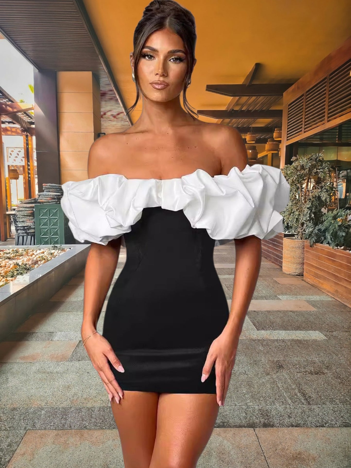 Dian | Elegant Women's Mini Dress with Voluminous Ruffle for Special Occasions | Black White