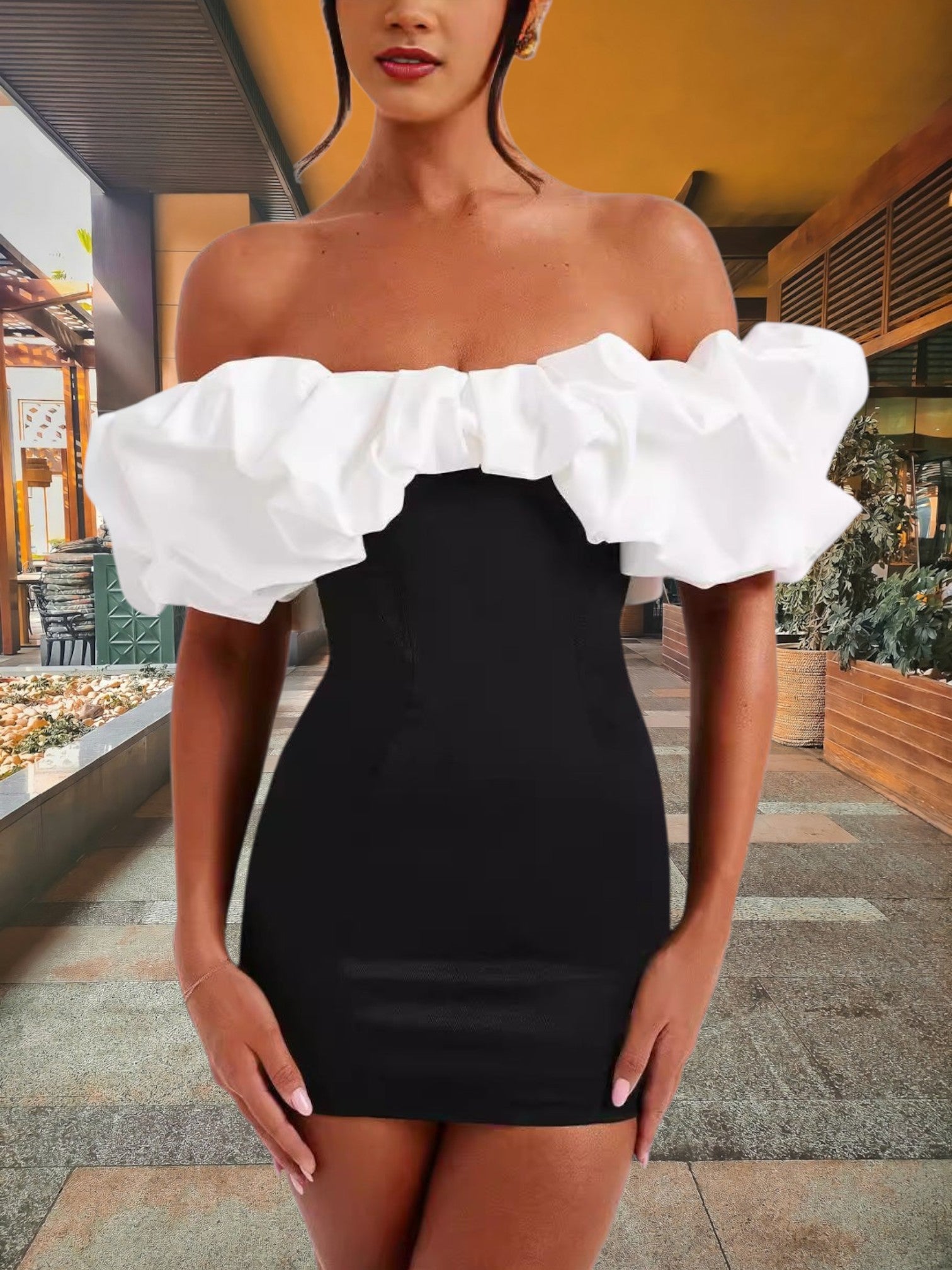 Dian | Elegant Women's Mini Dress with Voluminous Ruffle for Special Occasions | Black White 2