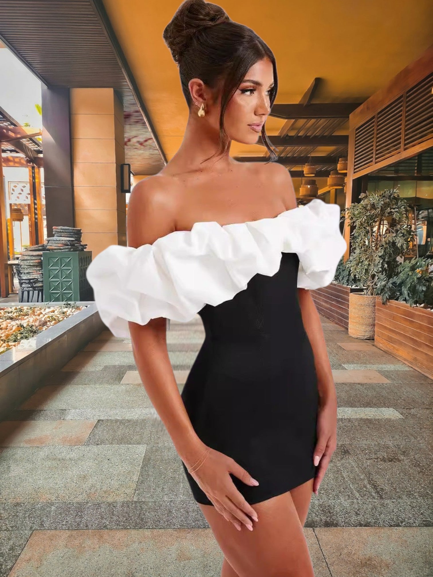 Dian | Elegant Women's Mini Dress with Voluminous Ruffle for Special Occasions | Black White 3