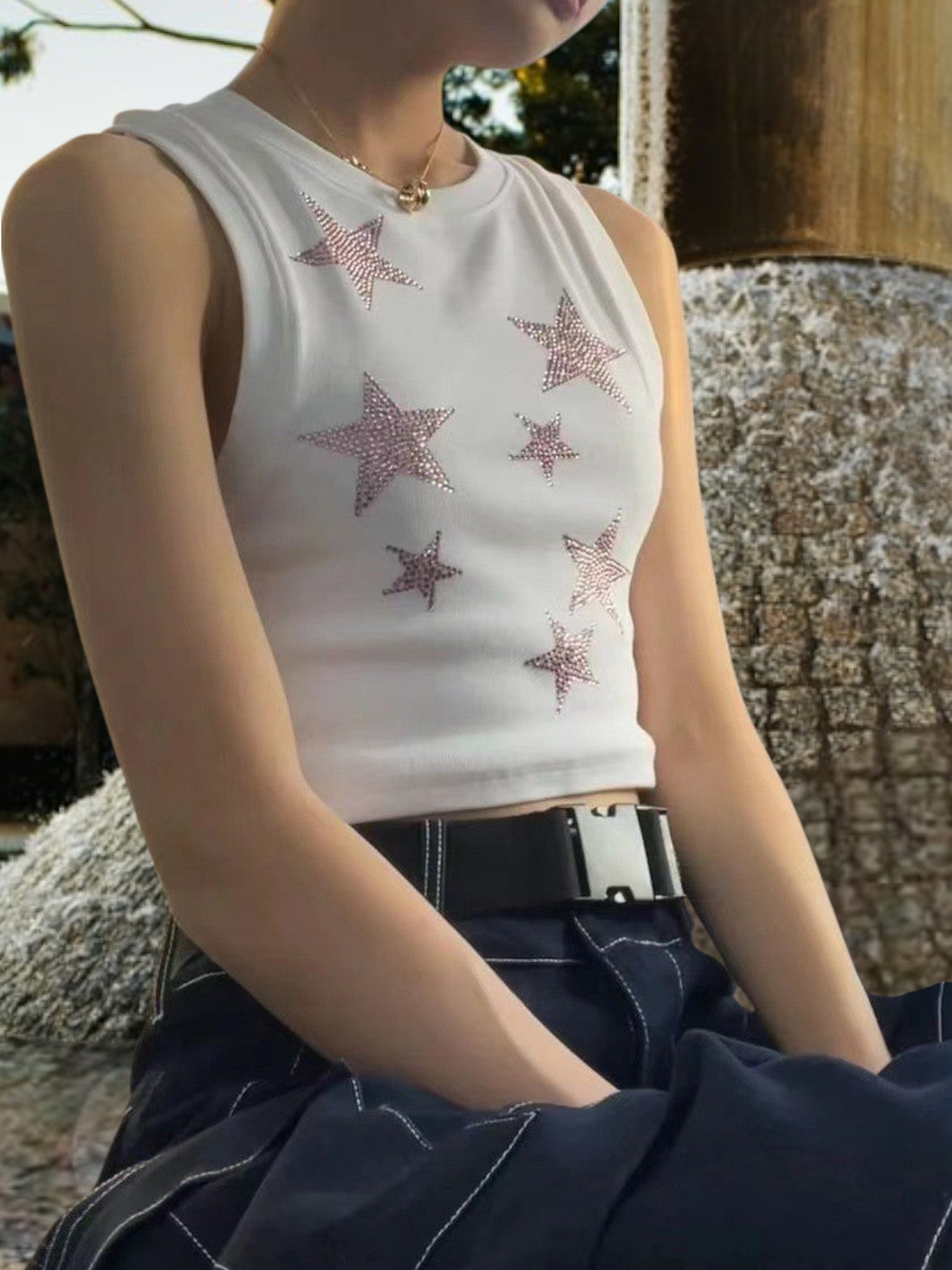 Dian | Women's Sleeveless Crop Top with Sparkling Rhinestone Star Design in Cotton Blend | White