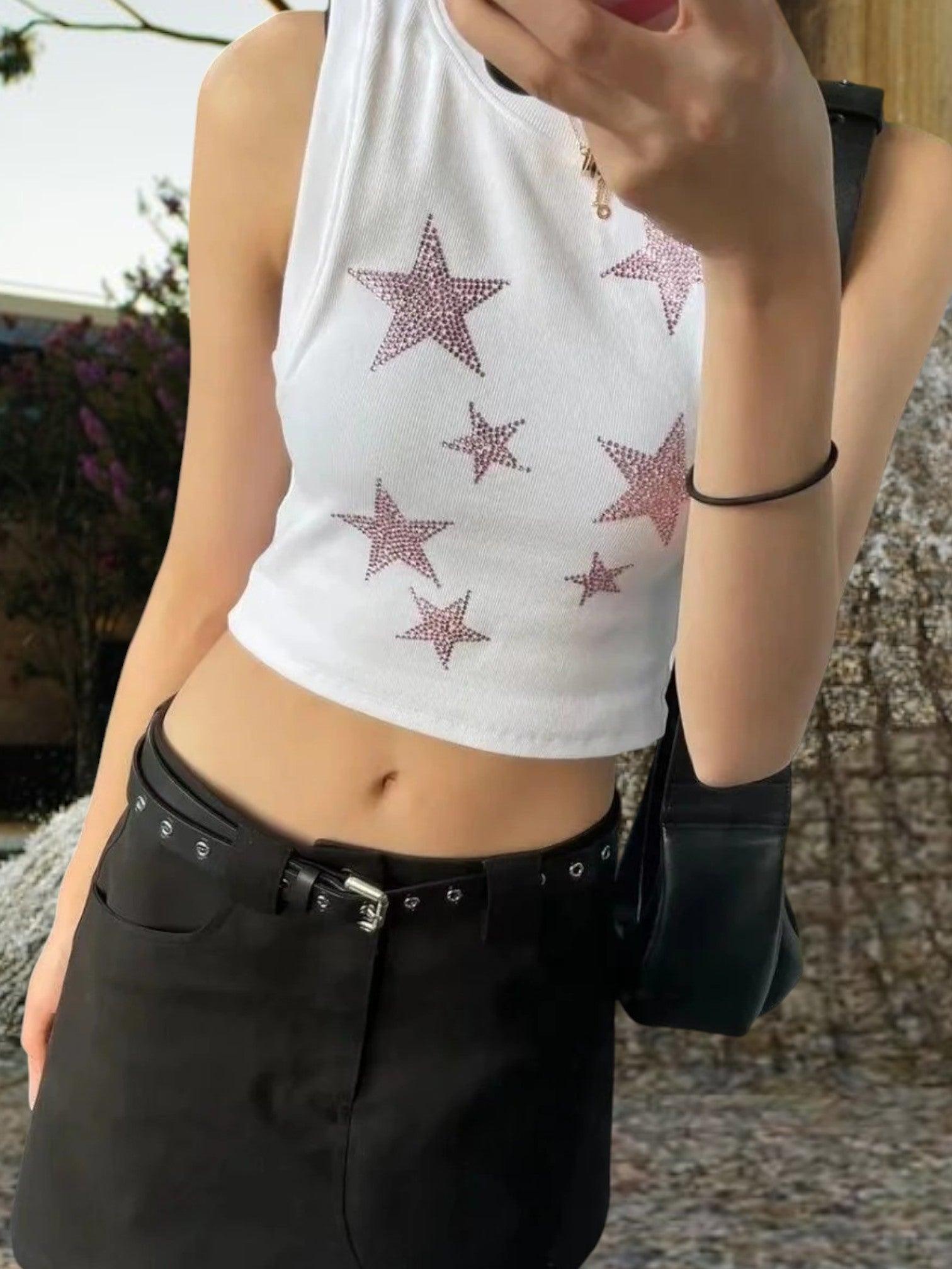 Dian | Women's Sleeveless Crop Top with Sparkling Rhinestone Star Design in Cotton Blend | White 4