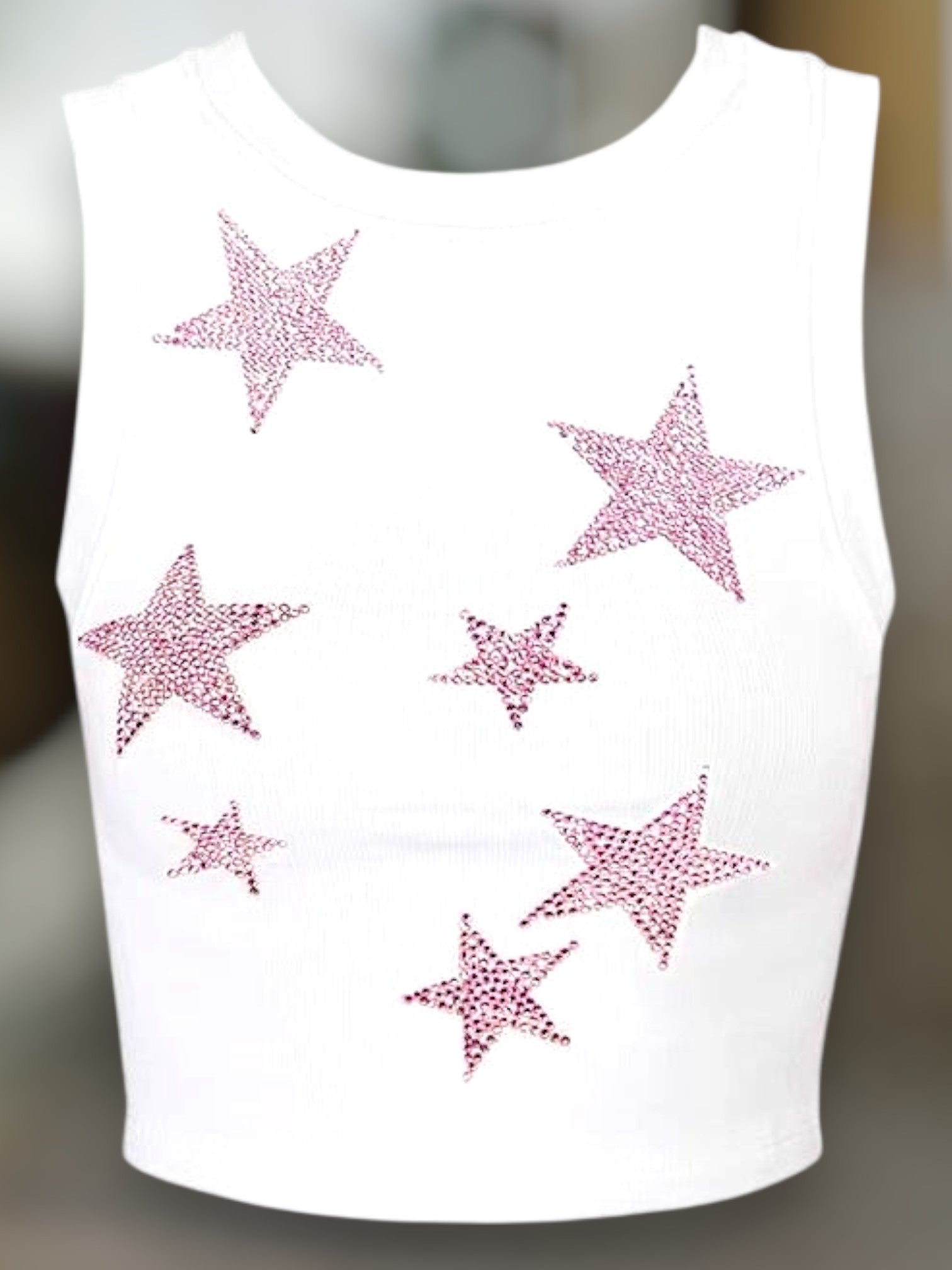 Dian | Women's Sleeveless Crop Top with Sparkling Rhinestone Star Design in Cotton Blend | White 5