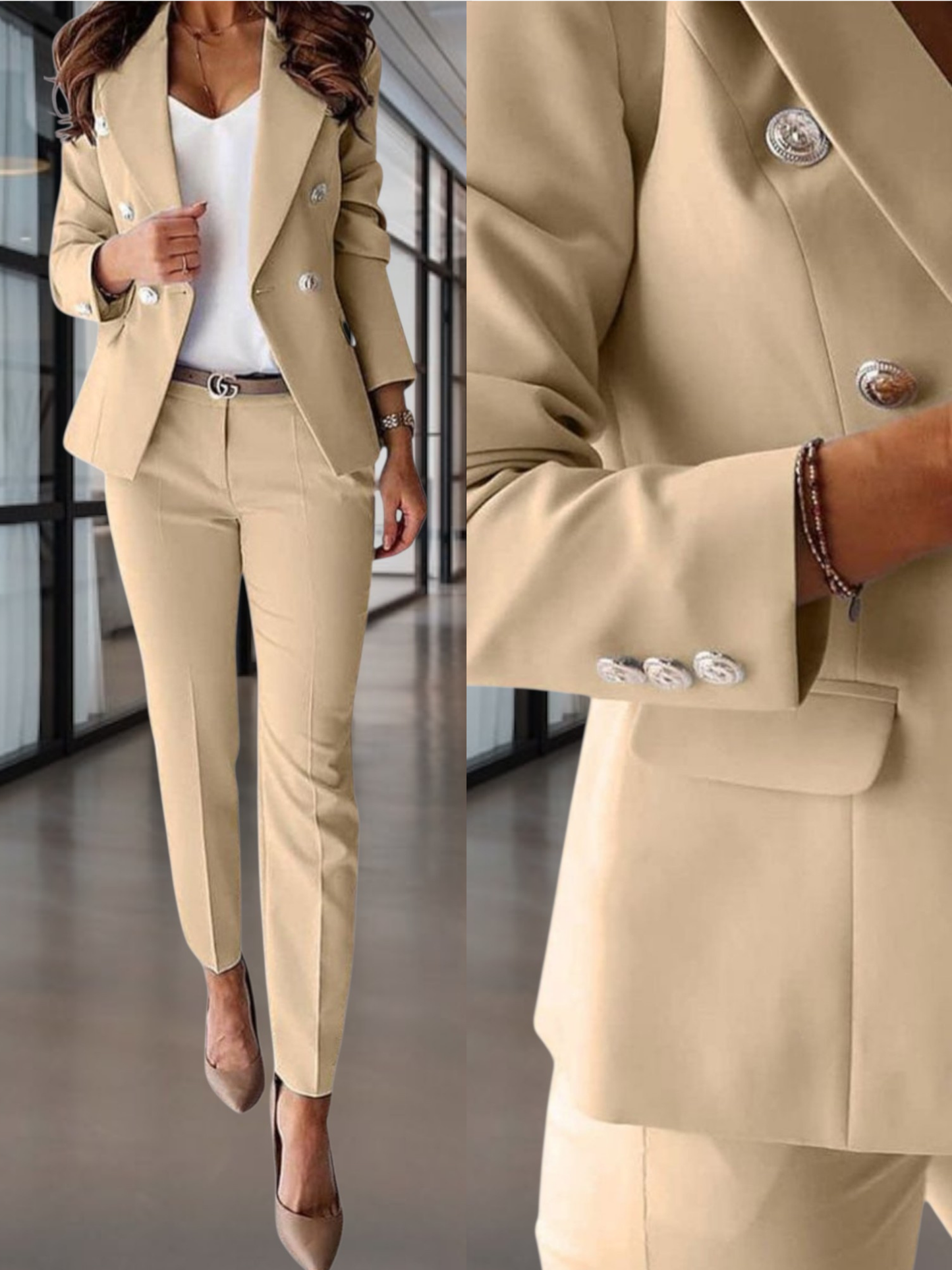 Double-Breasted Tailored 2-Piece Suit Featuring Metallic Button Accents | Beige