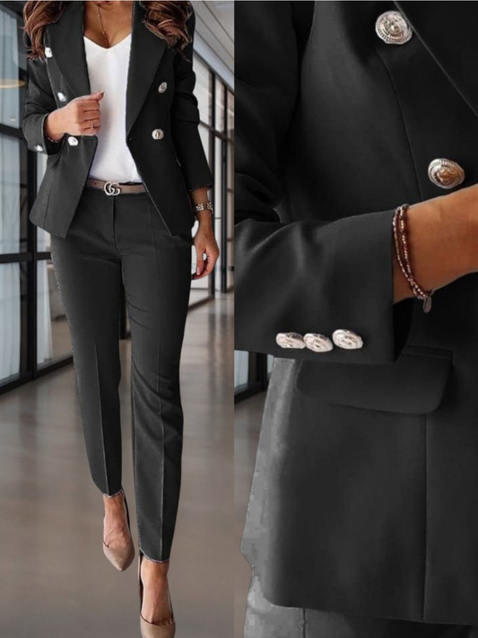 Double-Breasted Tailored 2-Piece Suit Featuring Metallic Button Accents | Black