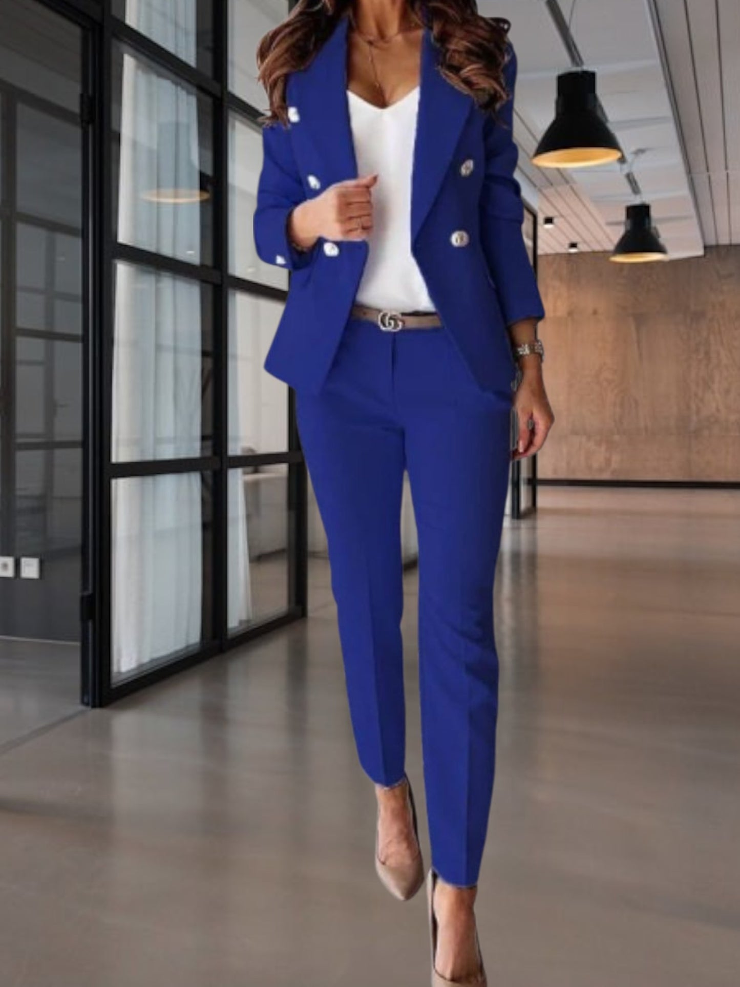 Double-Breasted Tailored 2-Piece Suit Featuring Metallic Button Accents |  Blue