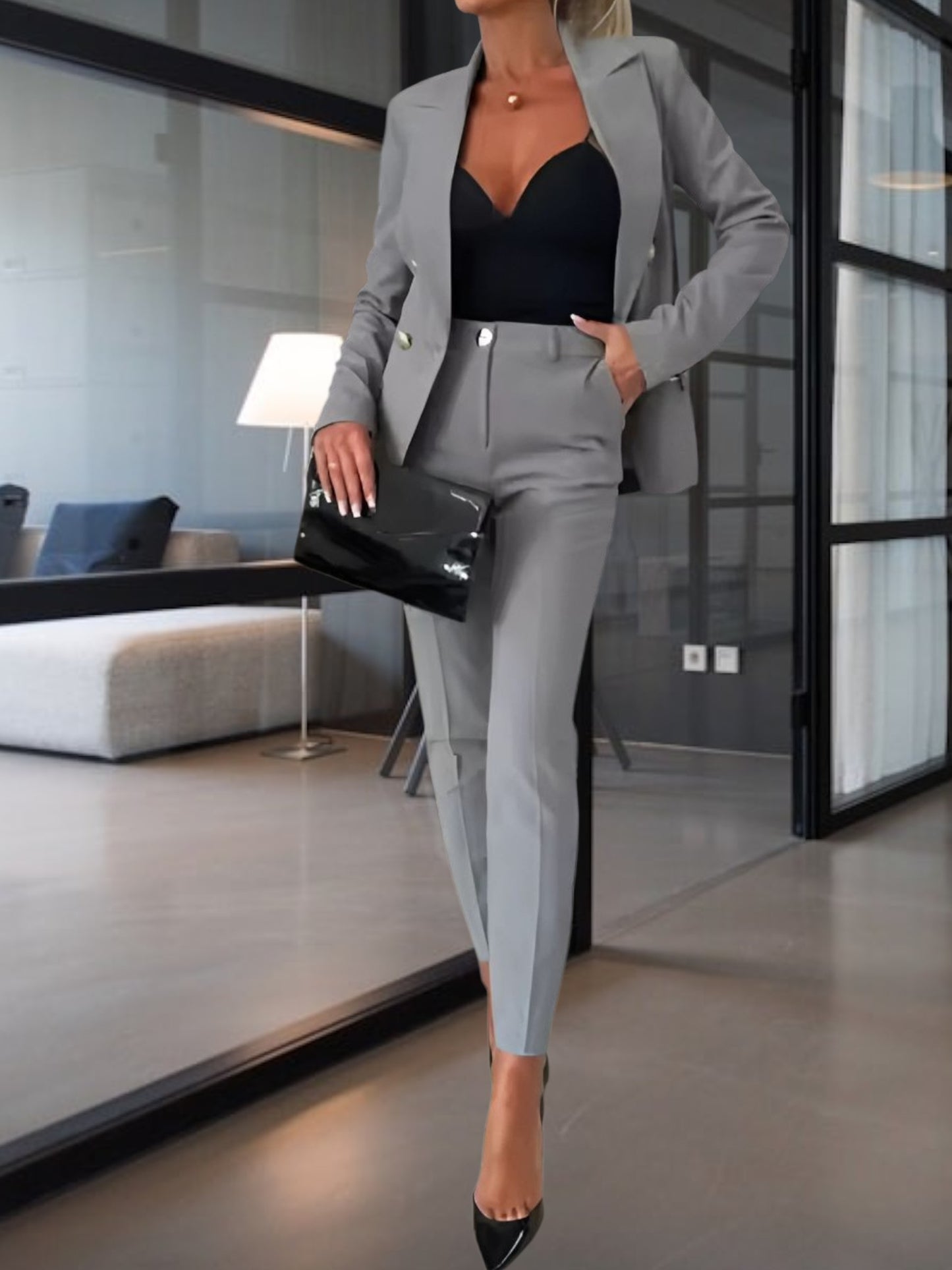 Double-Breasted Tailored 2-Piece Suit Featuring Metallic Button Accents | Gray