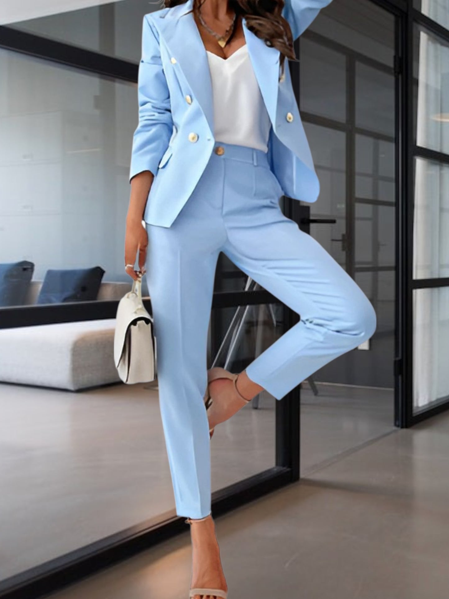 Double-Breasted Tailored 2-Piece Suit Featuring Metallic Button Accents |  Light Blue