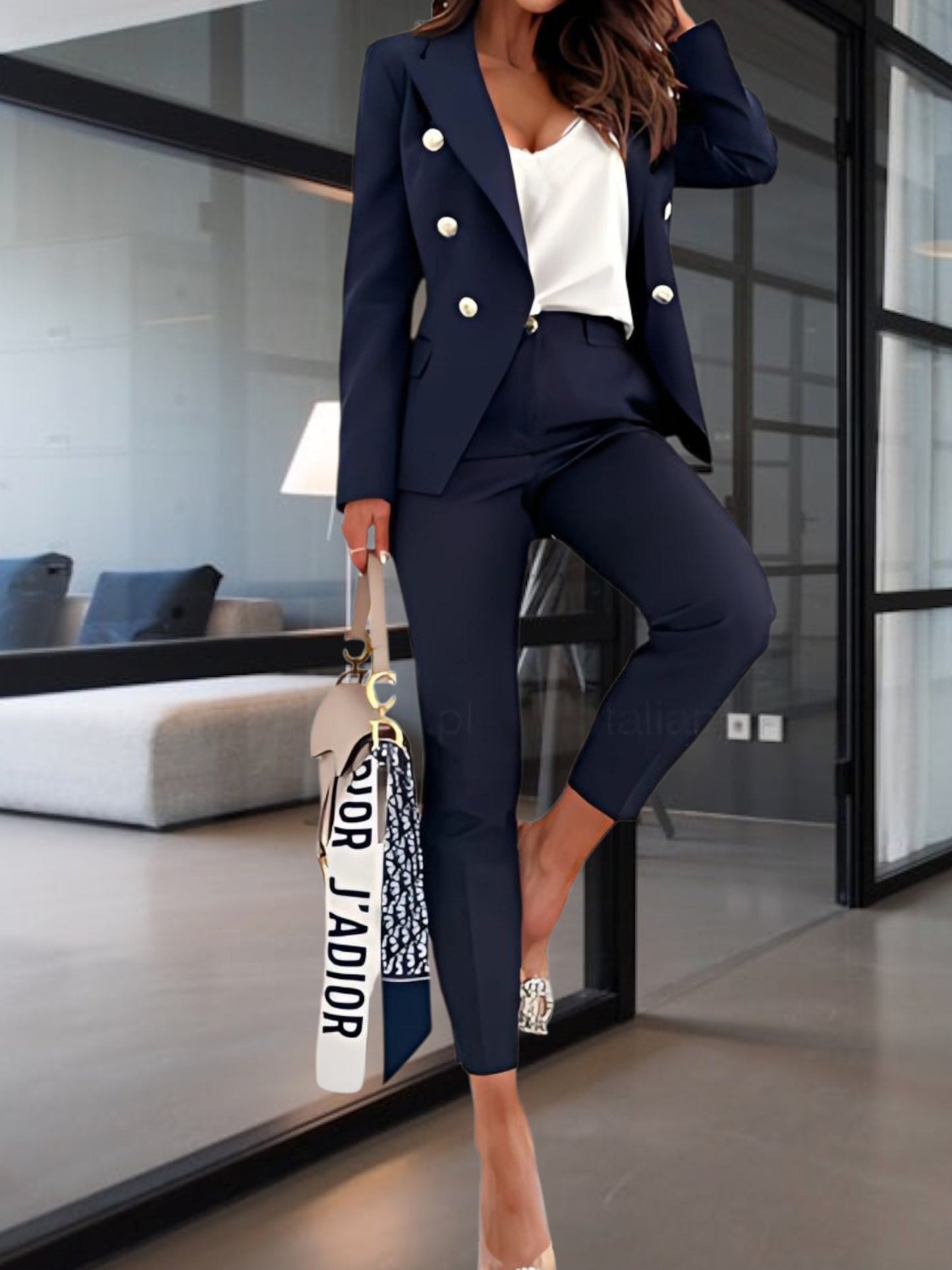Double-Breasted Tailored 2-Piece Suit Featuring Metallic Button Accents | Navy Blue