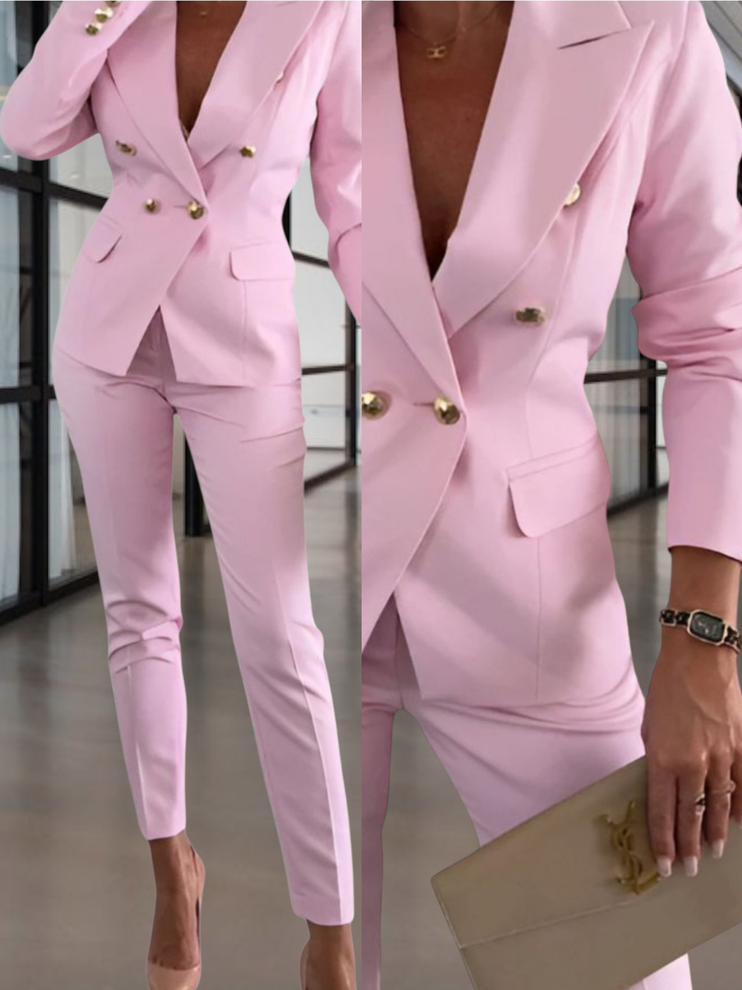 Double-Breasted Tailored 2-Piece Suit Featuring Metallic Button Accents | Pink
