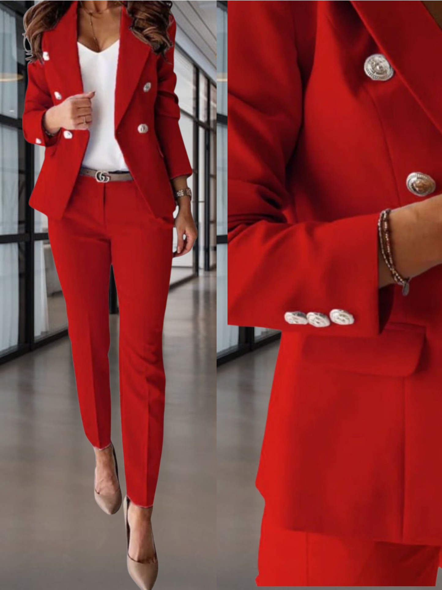 Double-Breasted Tailored 2-Piece Suit Featuring Metallic Button Accents | Red