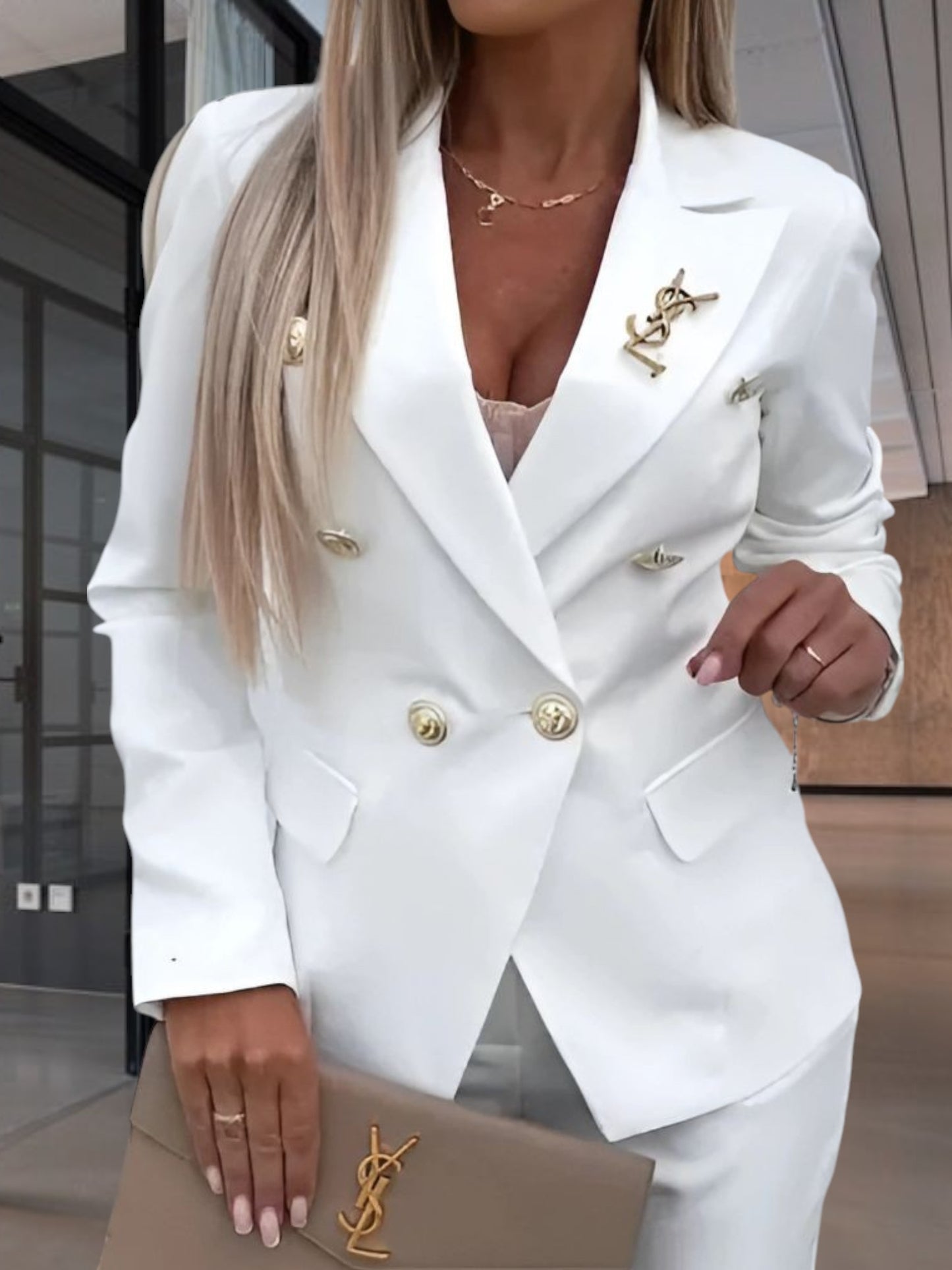 Double-Breasted Tailored 2-Piece Suit Featuring Metallic Button Accents |  White