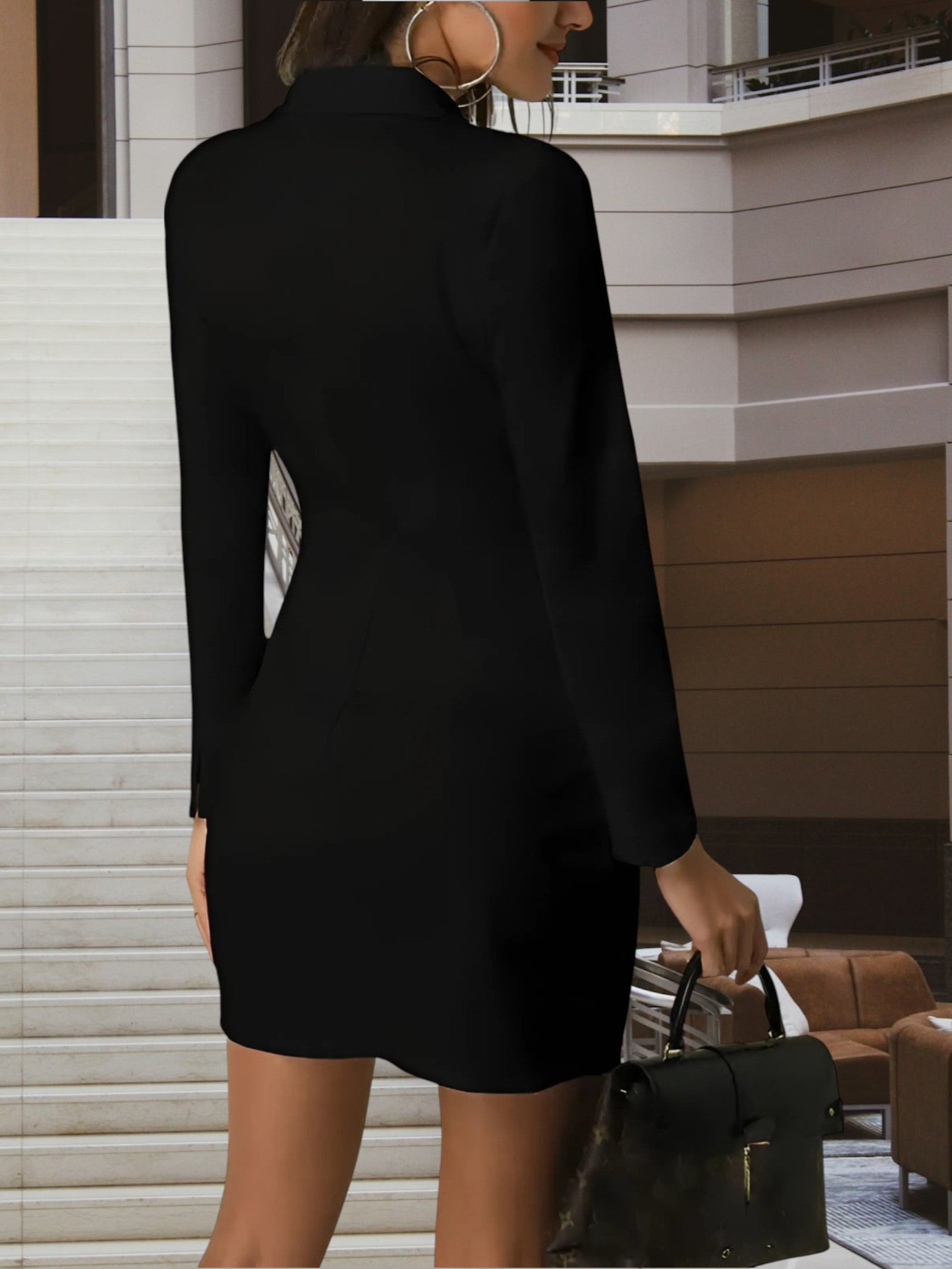 Elegant Double-Breasted Blazer Dress for Women with V-Neck | Black 2