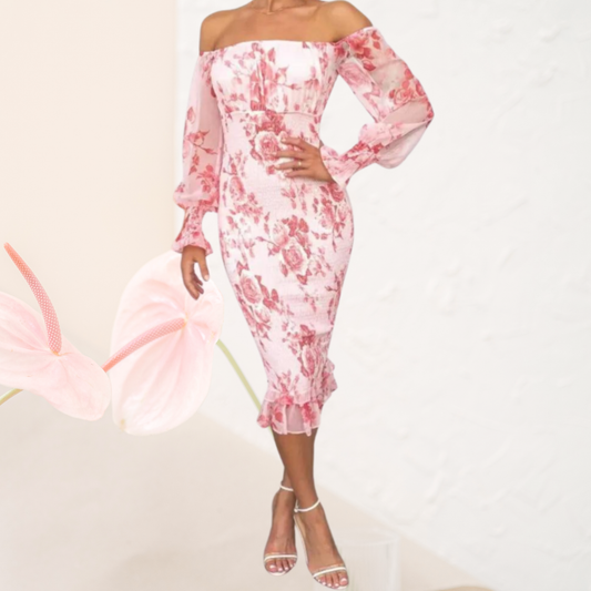 Elegant Off-Shoulder Floral Summer Wedding Guest Dress for Women | Pink/red