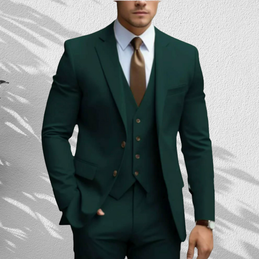 Elegant Slim Fit Three-Piece Wedding Suit for Men with Vest and Trousers | Darkgreen