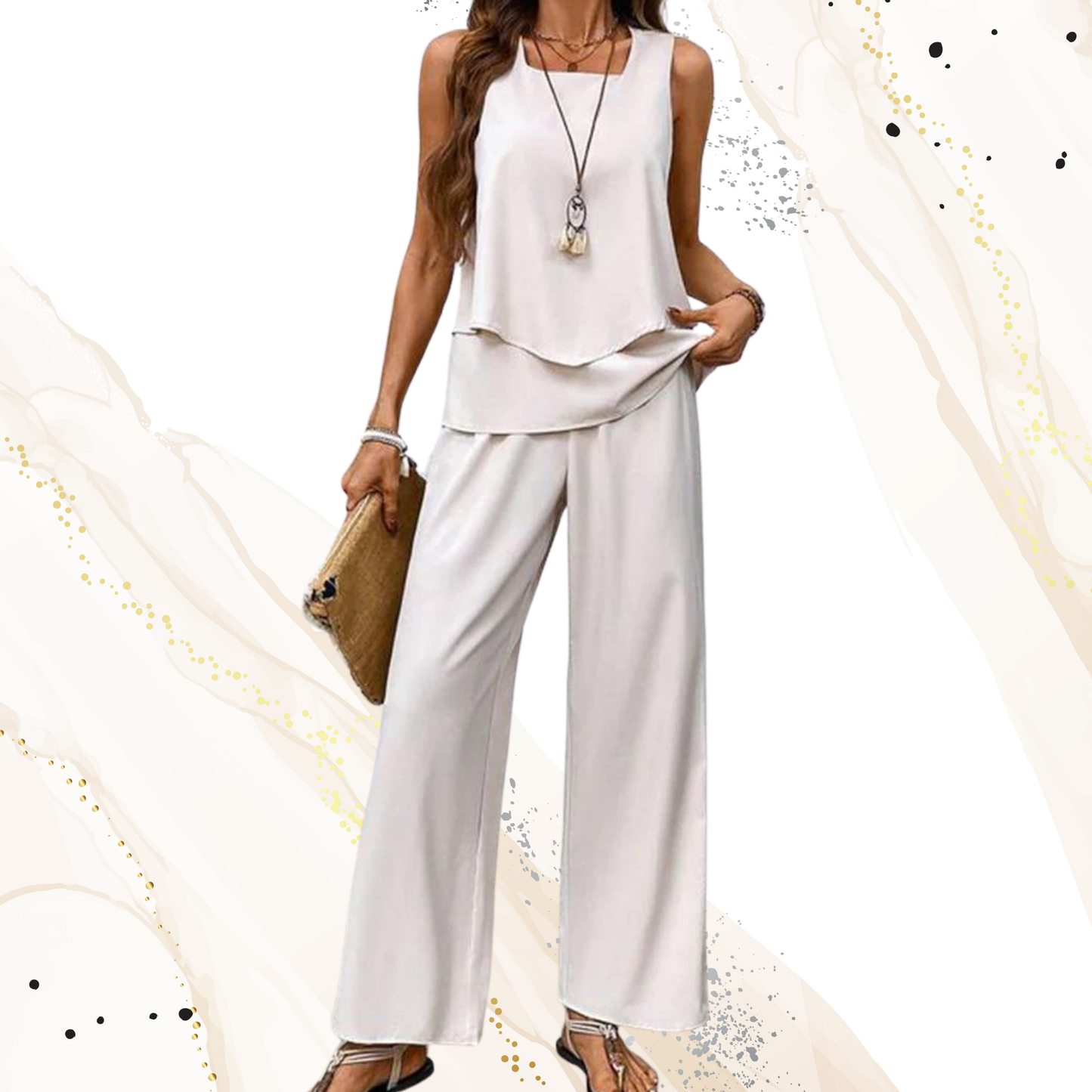 Elegant Two-Piece Summer Set with Sleeveless Top and Wide-Leg Pants  | Beige