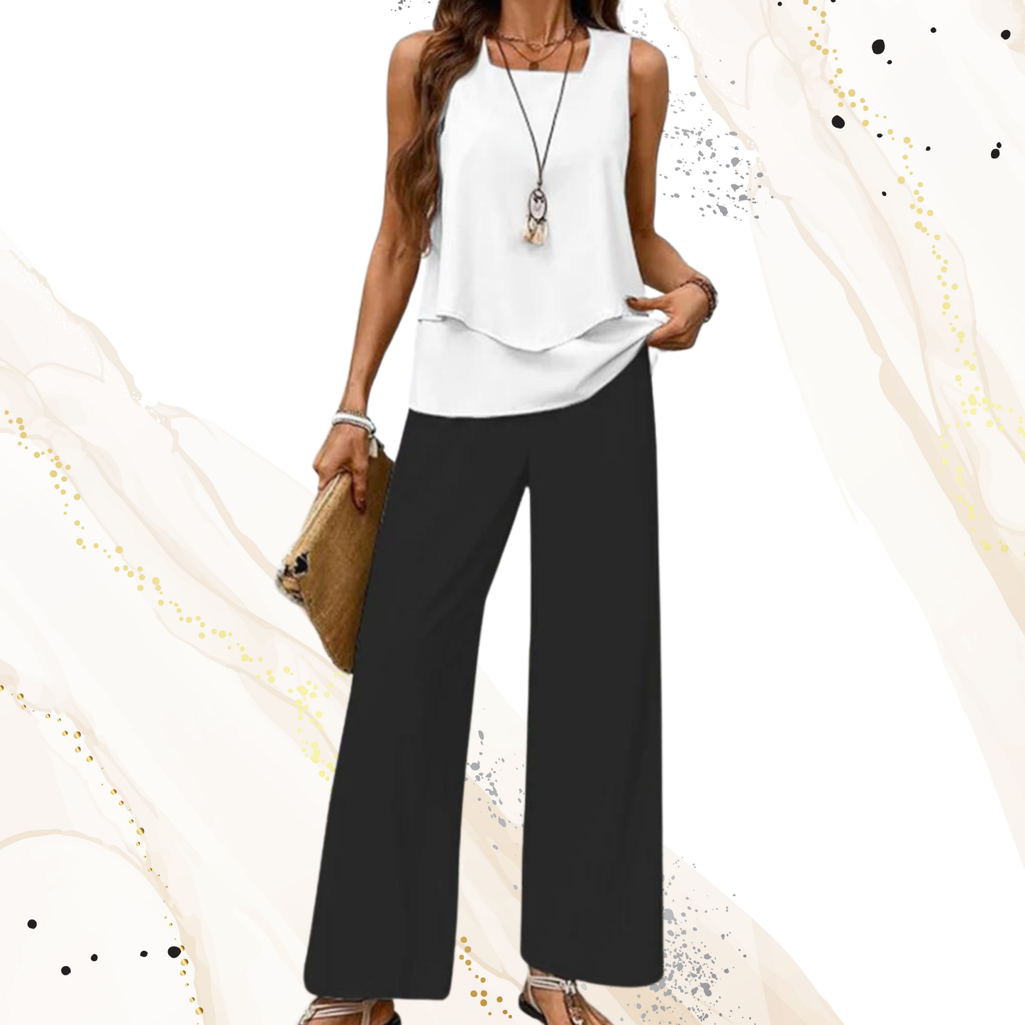 Elegant Two-Piece Summer Set with Sleeveless Top and Wide-Leg Pants  | Black