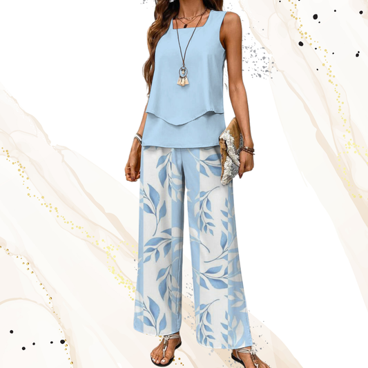 Elegant Two-Piece Summer Set with Sleeveless Top and Wide-Leg Pants  | Blue