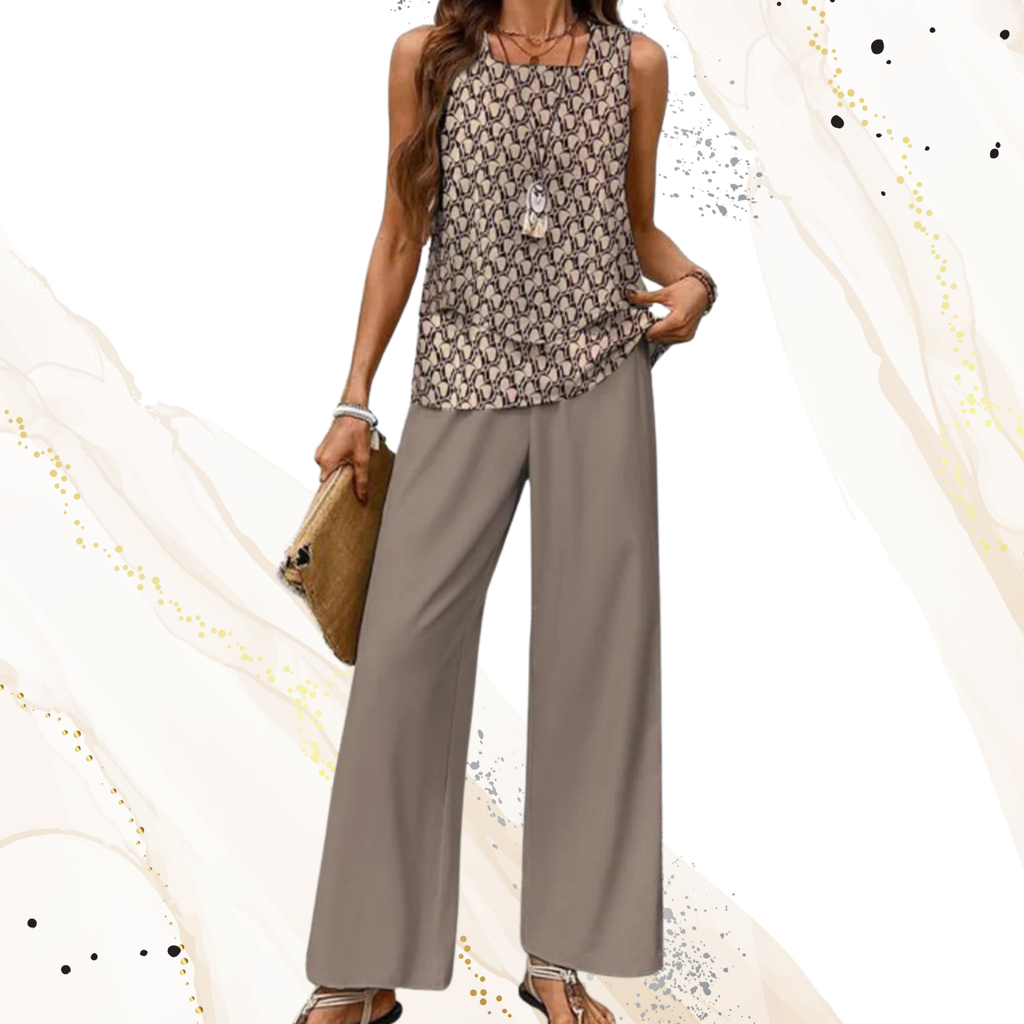 Elegant Two-Piece Summer Set with Sleeveless Top and Wide-Leg Pants  | Brown