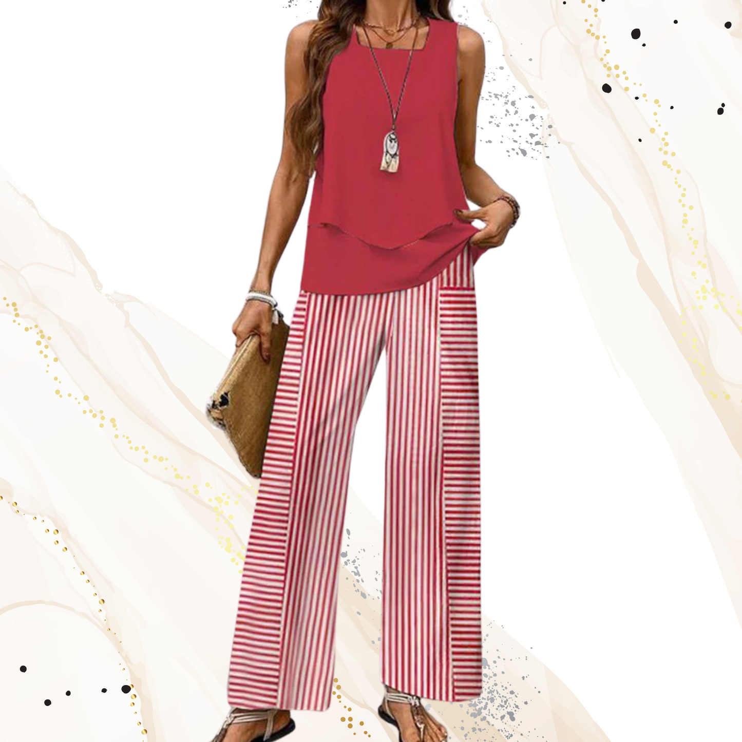 Elegant Two-Piece Summer Set with Sleeveless Top and Wide-Leg Pants  | Red