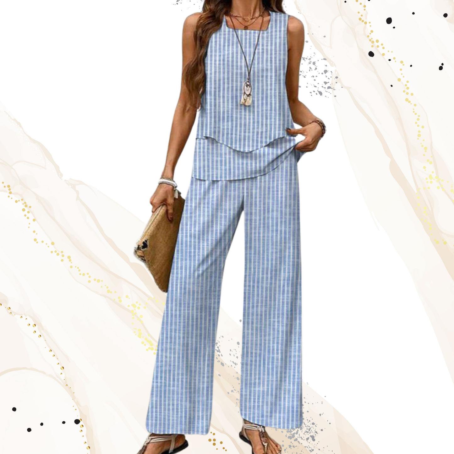 Elegant Two-Piece Summer Set with Sleeveless Top and Wide-Leg Pants  | Striped