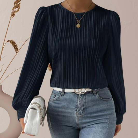 Elegant White Blouse for Women – Long Sleeve Top with Round Neck | Darkblue