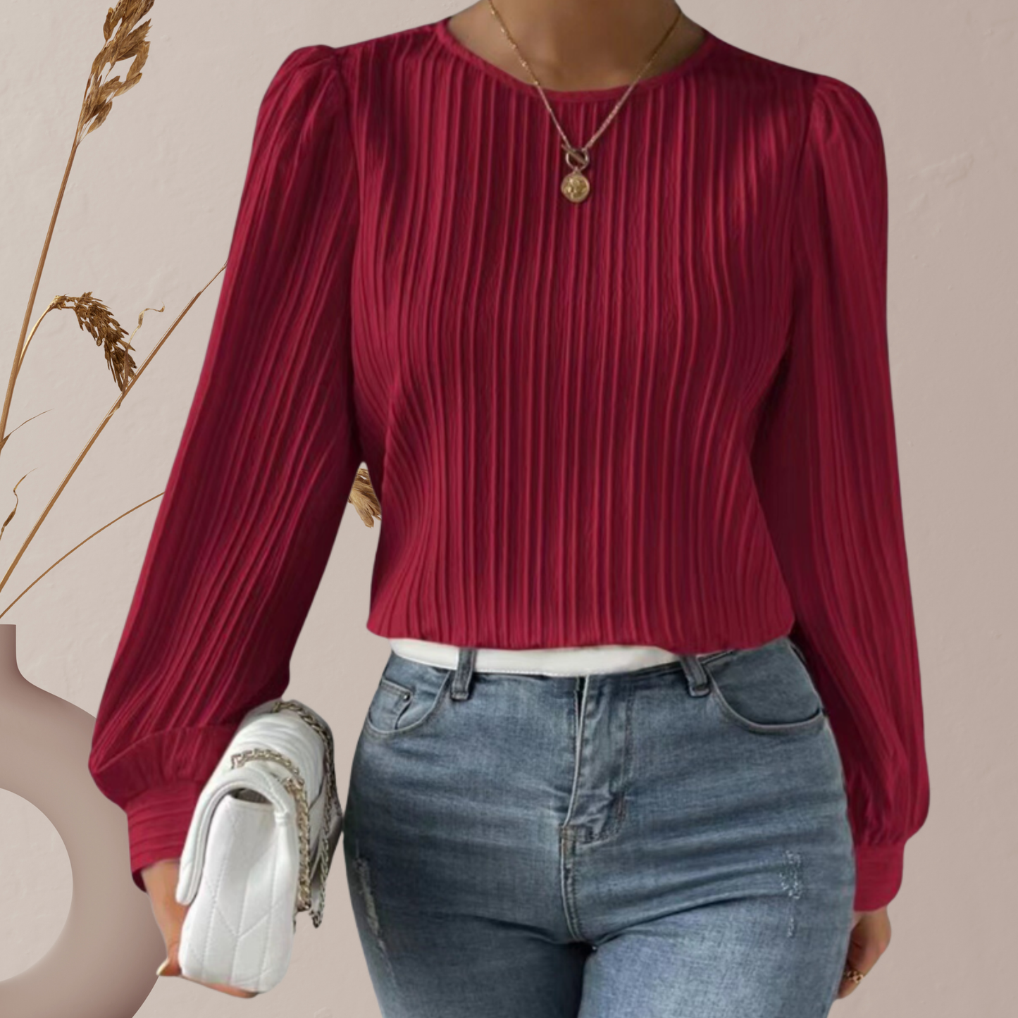 Elegant White Blouse for Women – Long Sleeve Top with Round Neck | Red