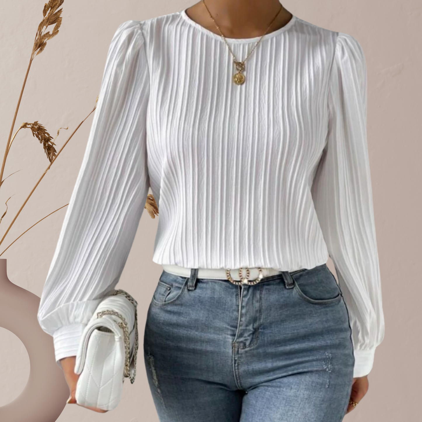 Elegant White Blouse for Women – Long Sleeve Top with Round Neck | White
