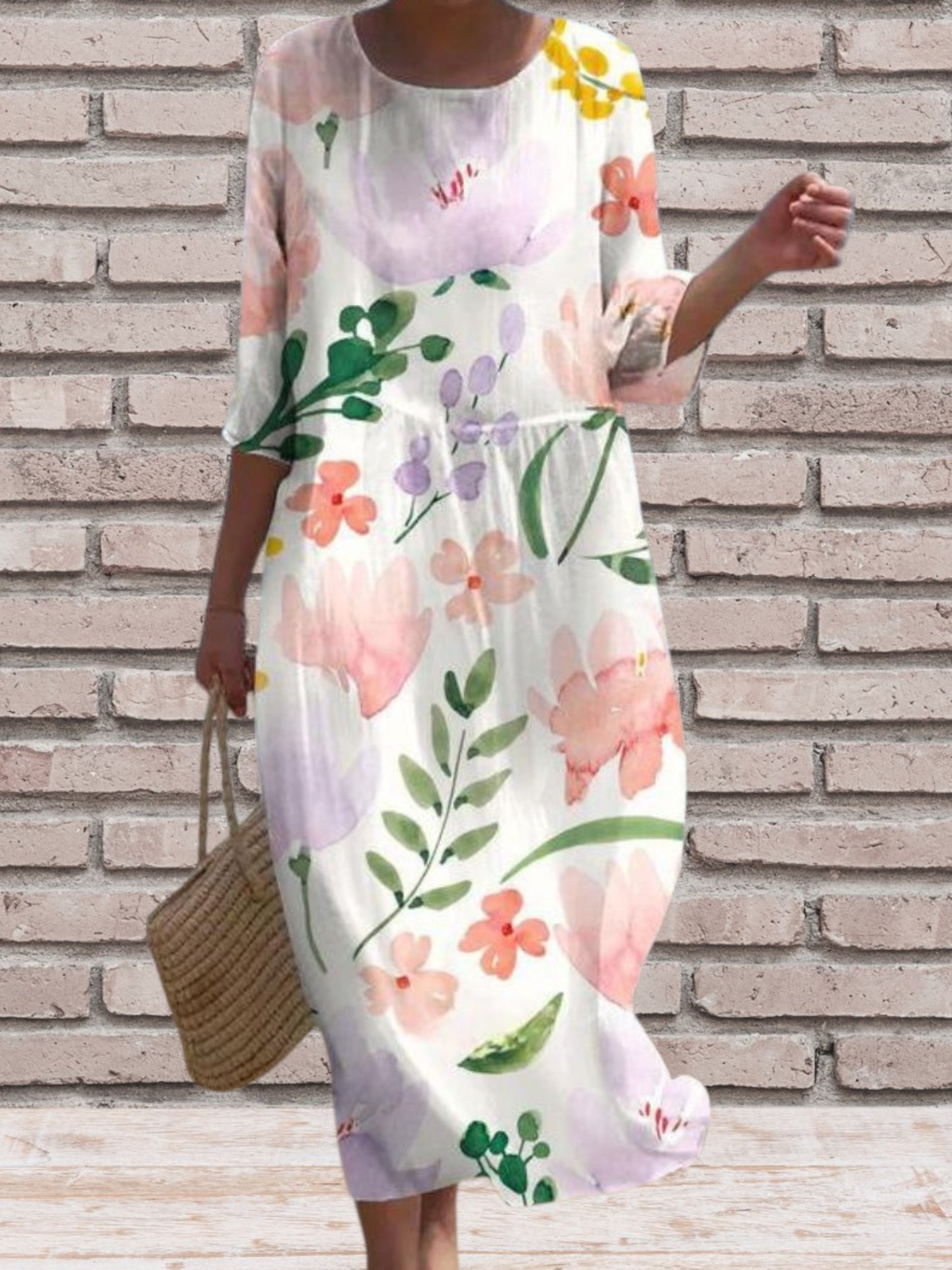 Elegant Women's Midi Dress in Lightweight Flowing Fabric with 3/4 sleeve and Floral print | Light Gray