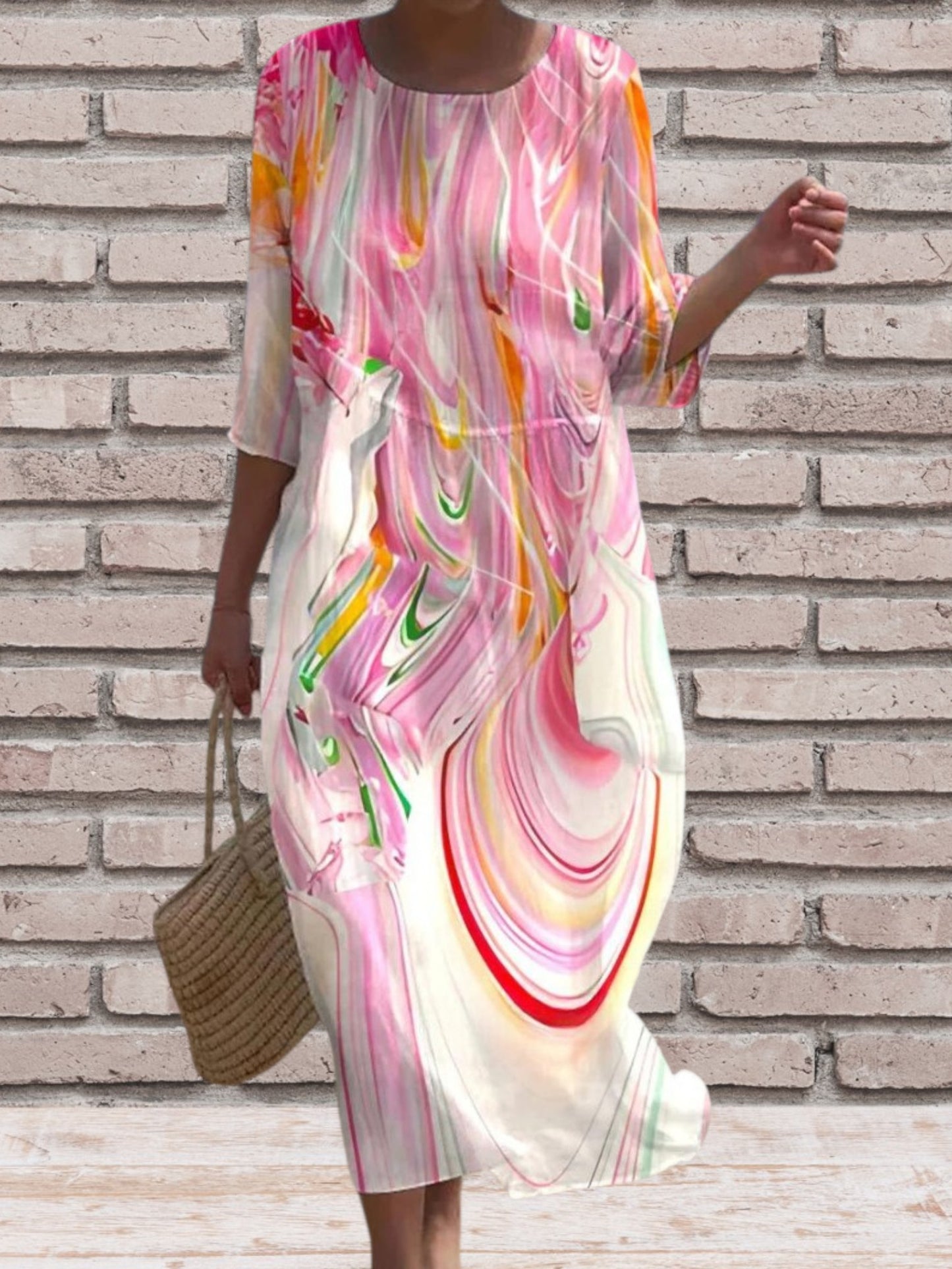Elegant Women's Midi Dress in Lightweight Flowing Fabric with 3/4 sleeve and Floral print | Light Pink