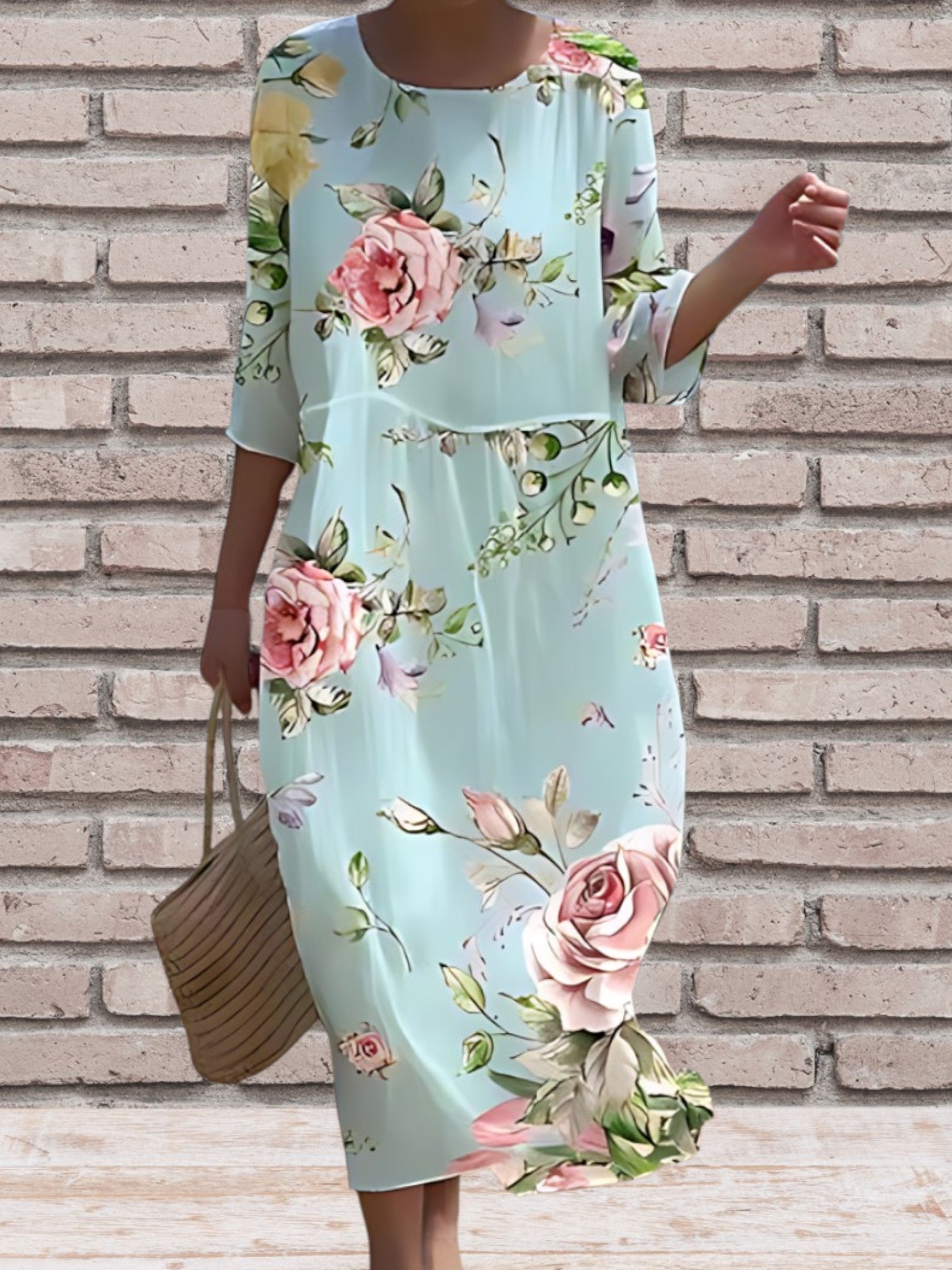 Elegant Women's Midi Dress in Lightweight Flowing Fabric with 3/4 sleeve and Floral print | Light green